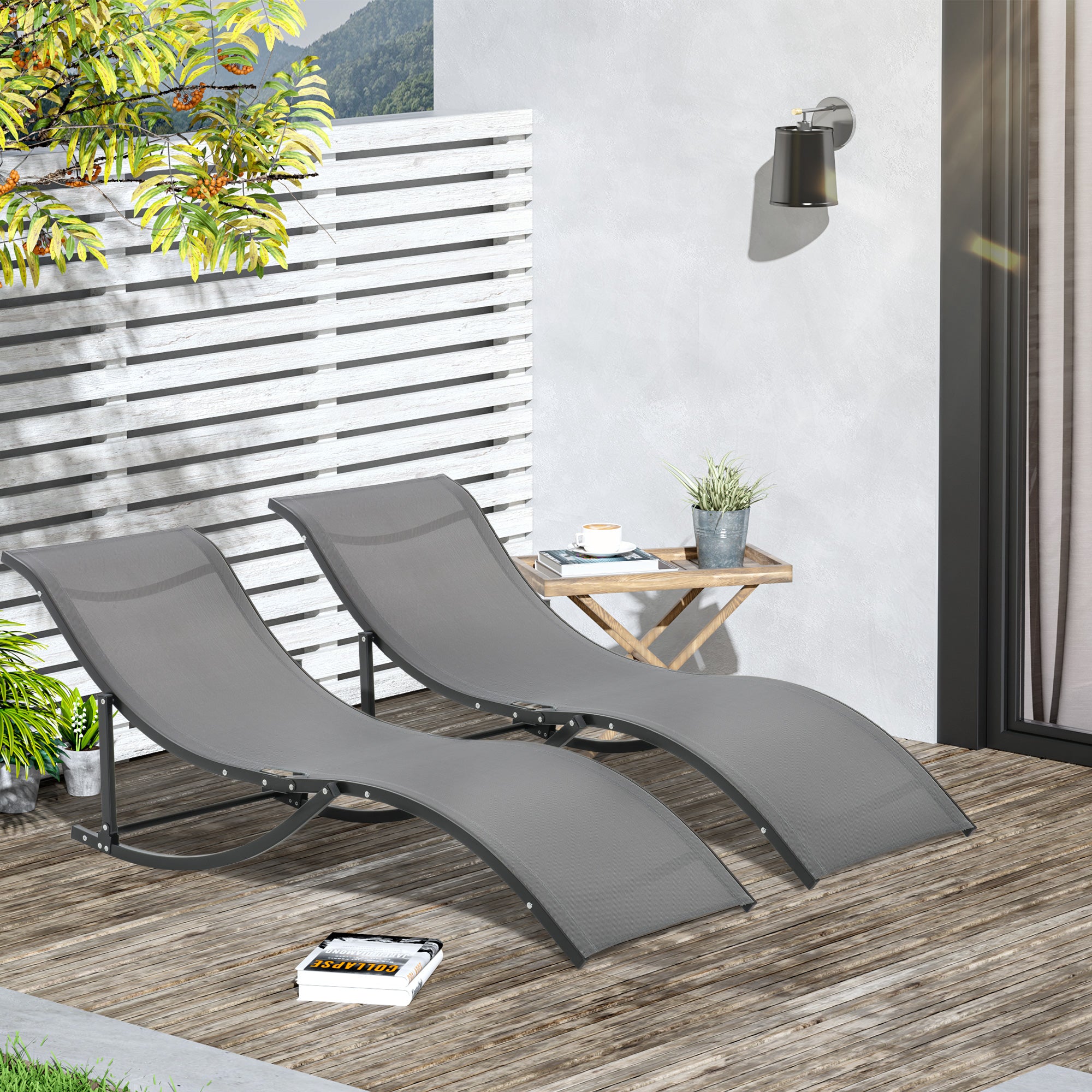 Outsunny Set of 2 S-shaped Foldable Lounge Chair Sun Lounger Reclining Outdoor Chair for Patio Beach Garden, Grey - North Peak Garden Furniture