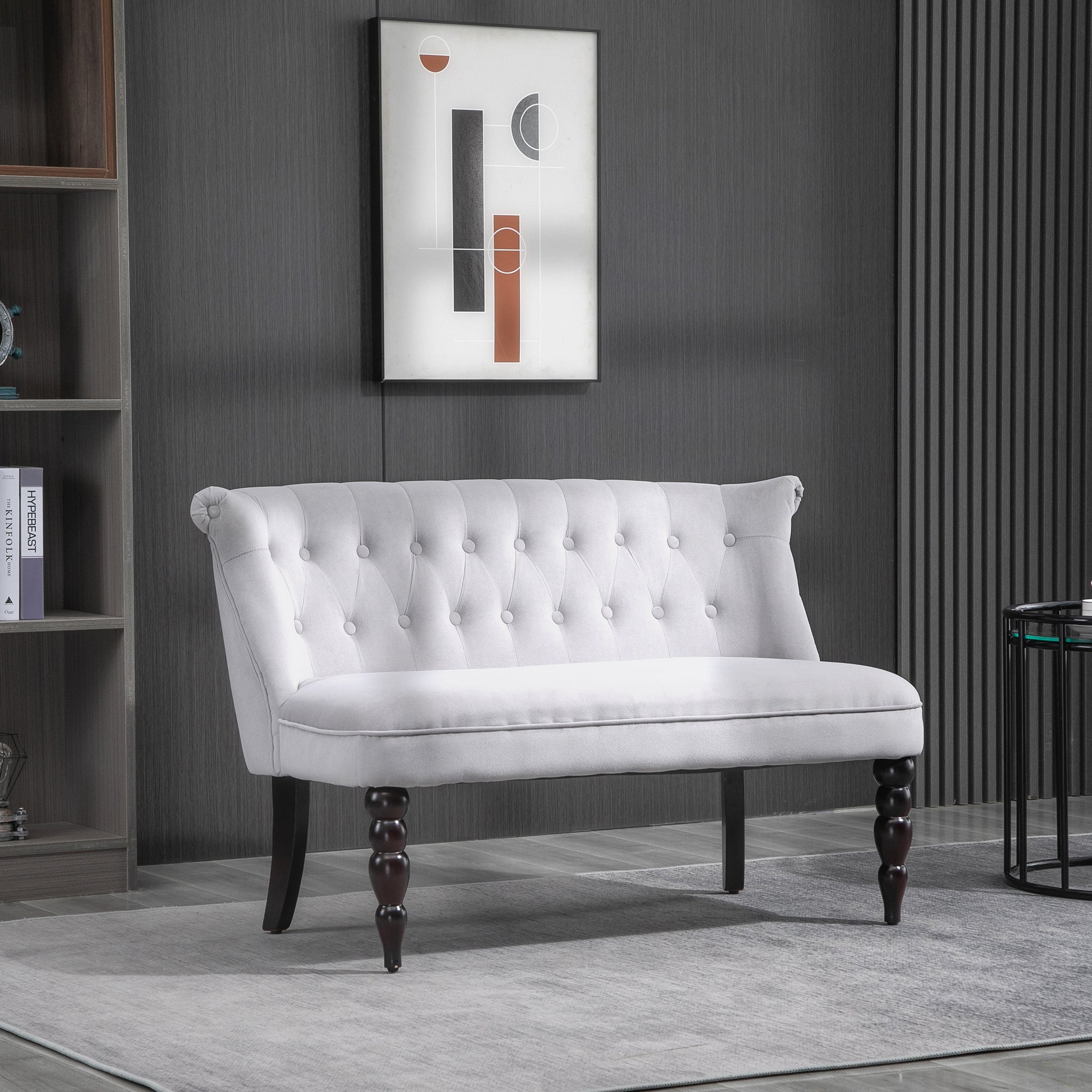 HOMCOM Loveseat with Wood Frame, Compact 2 Seater Sofa, Button Tufted Chaise Lounger with Carved Legs, Vintage Design for Bedroom Living room, Grey - North Peak Garden Furniture