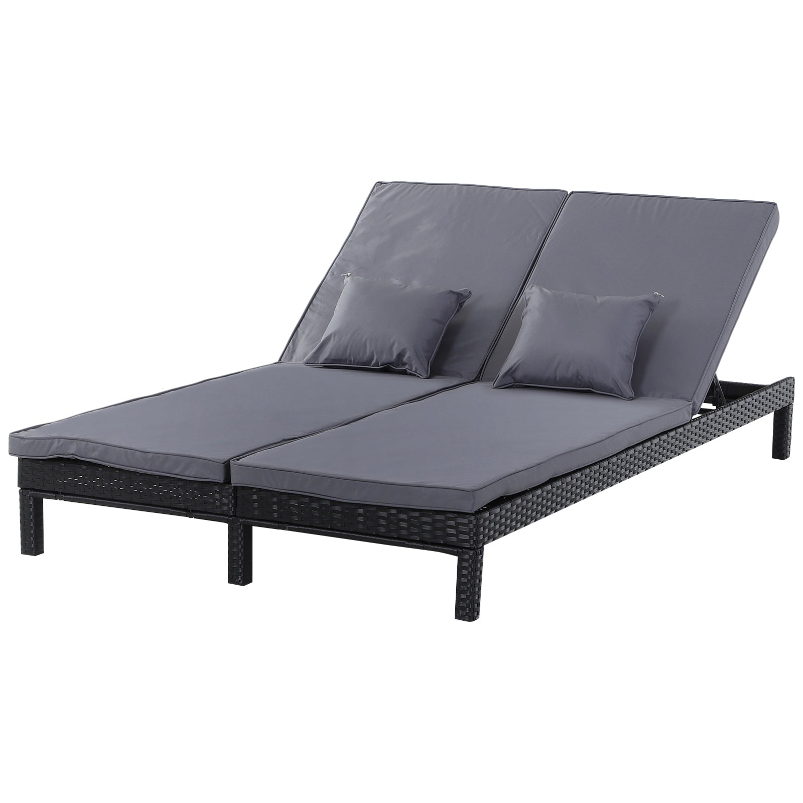 Outsunny 2 Seater Rattan Lounger Adjustable Double Chaise Chair Loveseat w/ Cushion Black - North Peak Garden Furniture