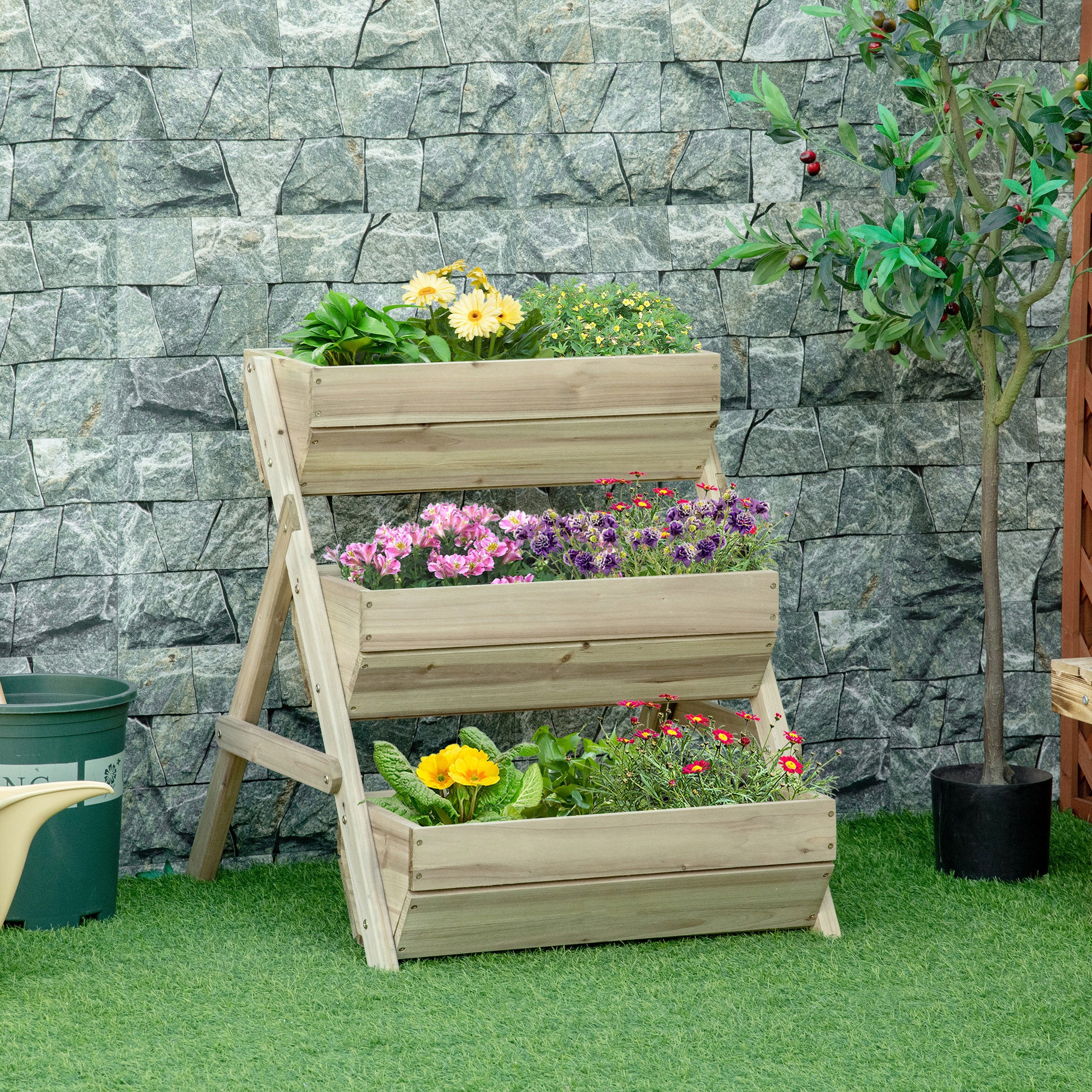 Outsunny 3 Tier Raised Garden Bed Wooden Elevated Planter Box Kit, 66L for Flower, Vegetable, Herb, 65x75x78cm, Green - North Peak Garden Furniture