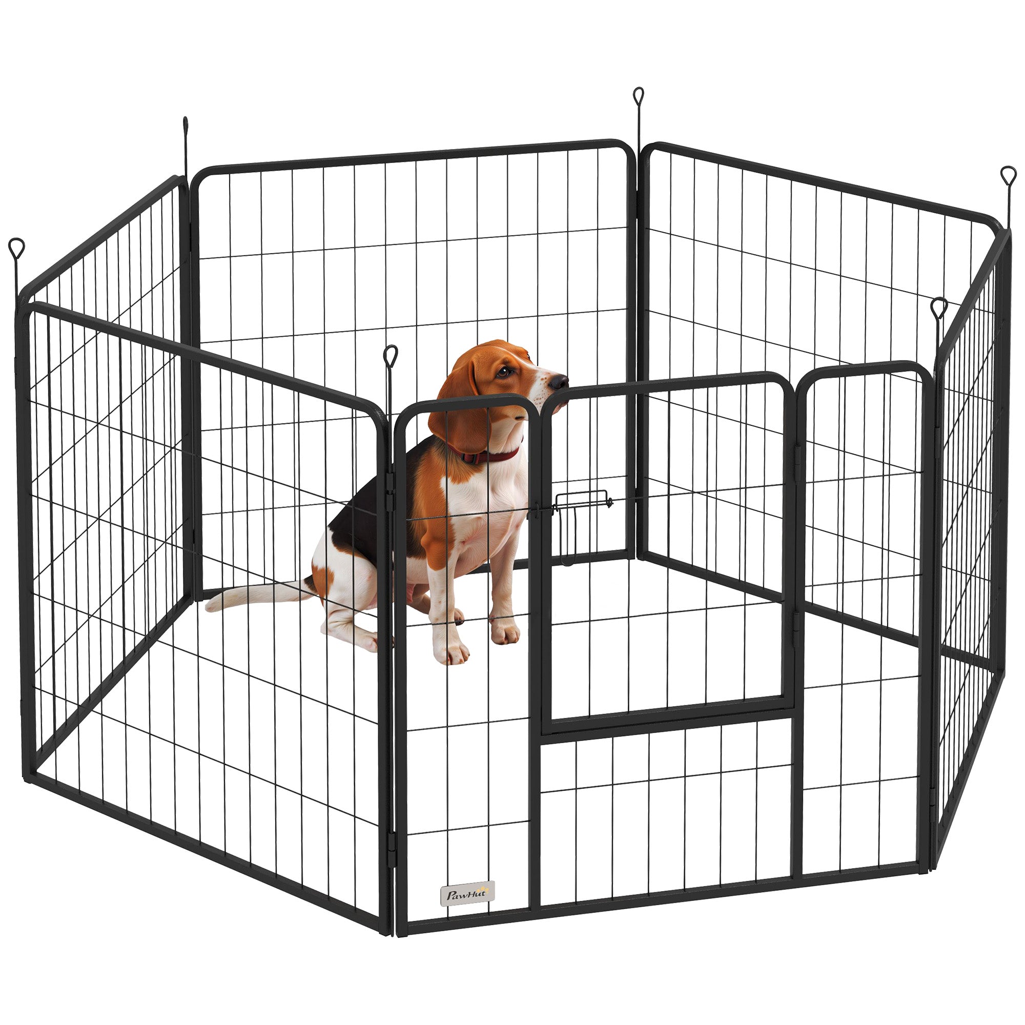 PawHut 6 Panels Dog Playpen, Portable Detachable Puppy Pen with Door, for Medium Dogs, 80cm High, Black - North Peak Garden Furniture