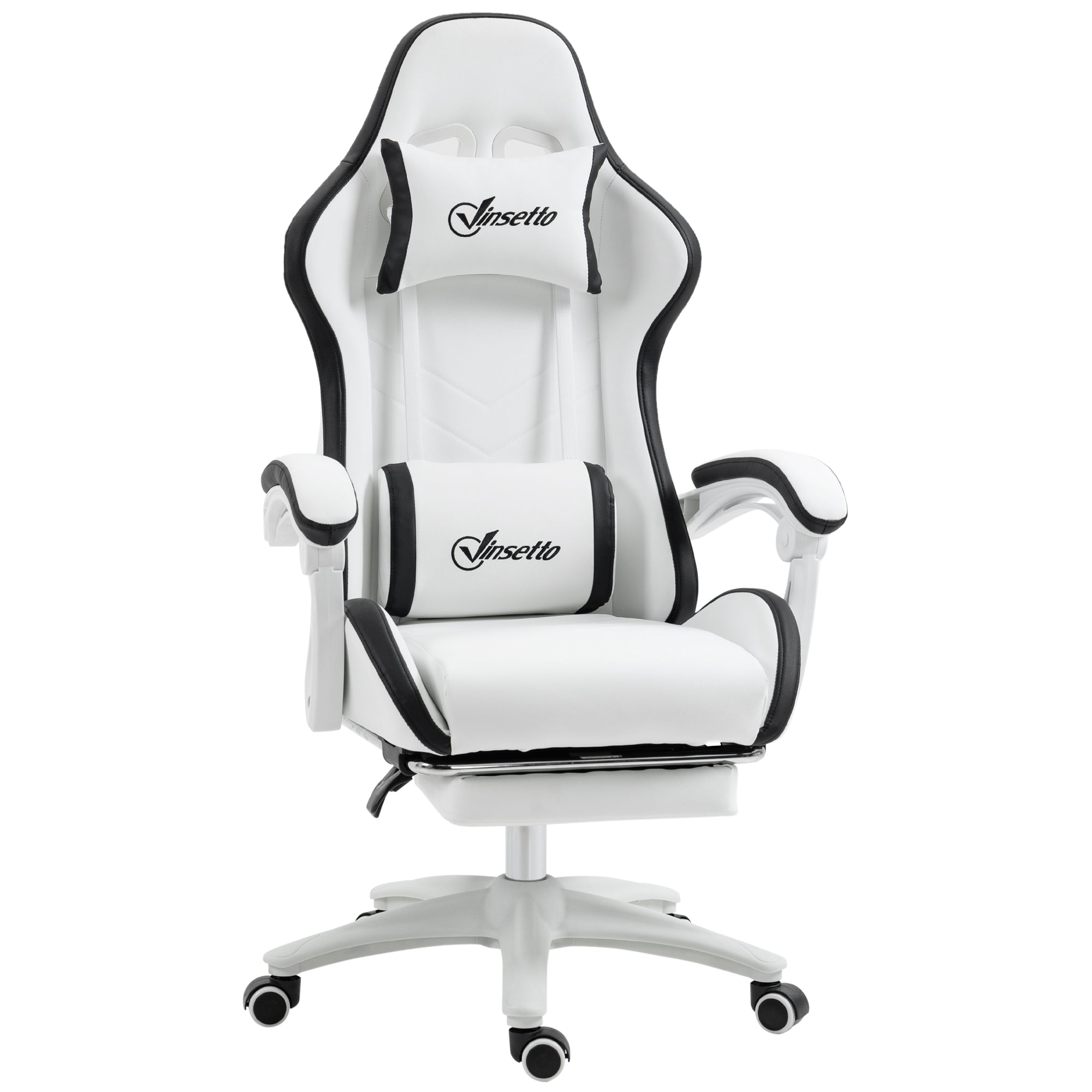Vinsetto Computer Gaming Chair, PU Leather Desk Chair with Footrest, Swivel Task Chair with 135° Reclining Back and Lumbar Support, PC Chair for Adults, White and Black - North Peak Garden Furniture