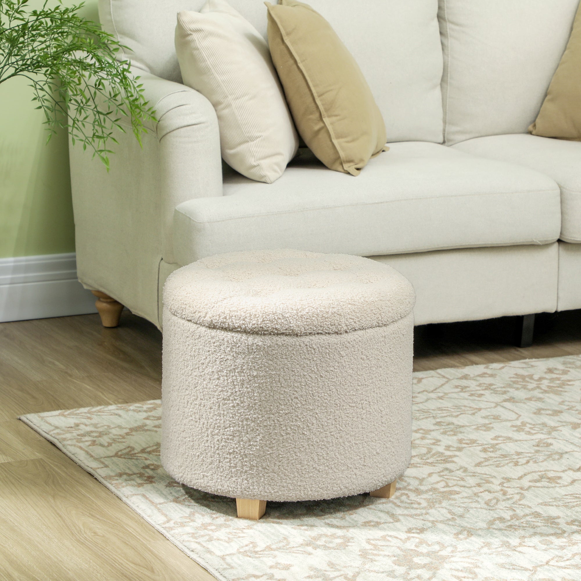 HOMCOM 31.8L Teddy Fleece Storage Ottoman - Cream White - North Peak Garden Furniture