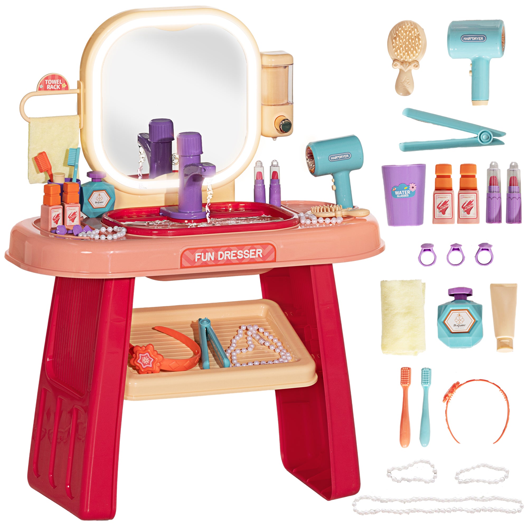 AIYAPLAY Kids Dressing Table with Mirror, LED Light, 23 Accessories, Pink - North Peak Garden Furniture
