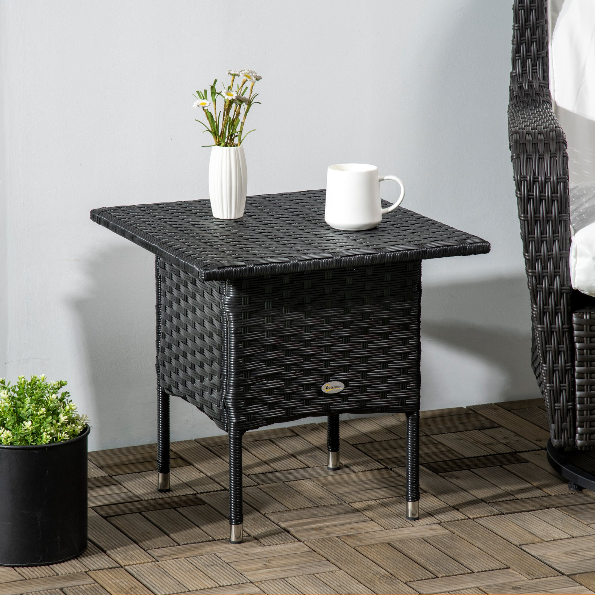 Outsunny Rattan Side Table, Outdoor Coffee Table with Plastic Board Under the Full Woven Table Top for Patio, Garden, Balcony, Black - North Peak Garden Furniture