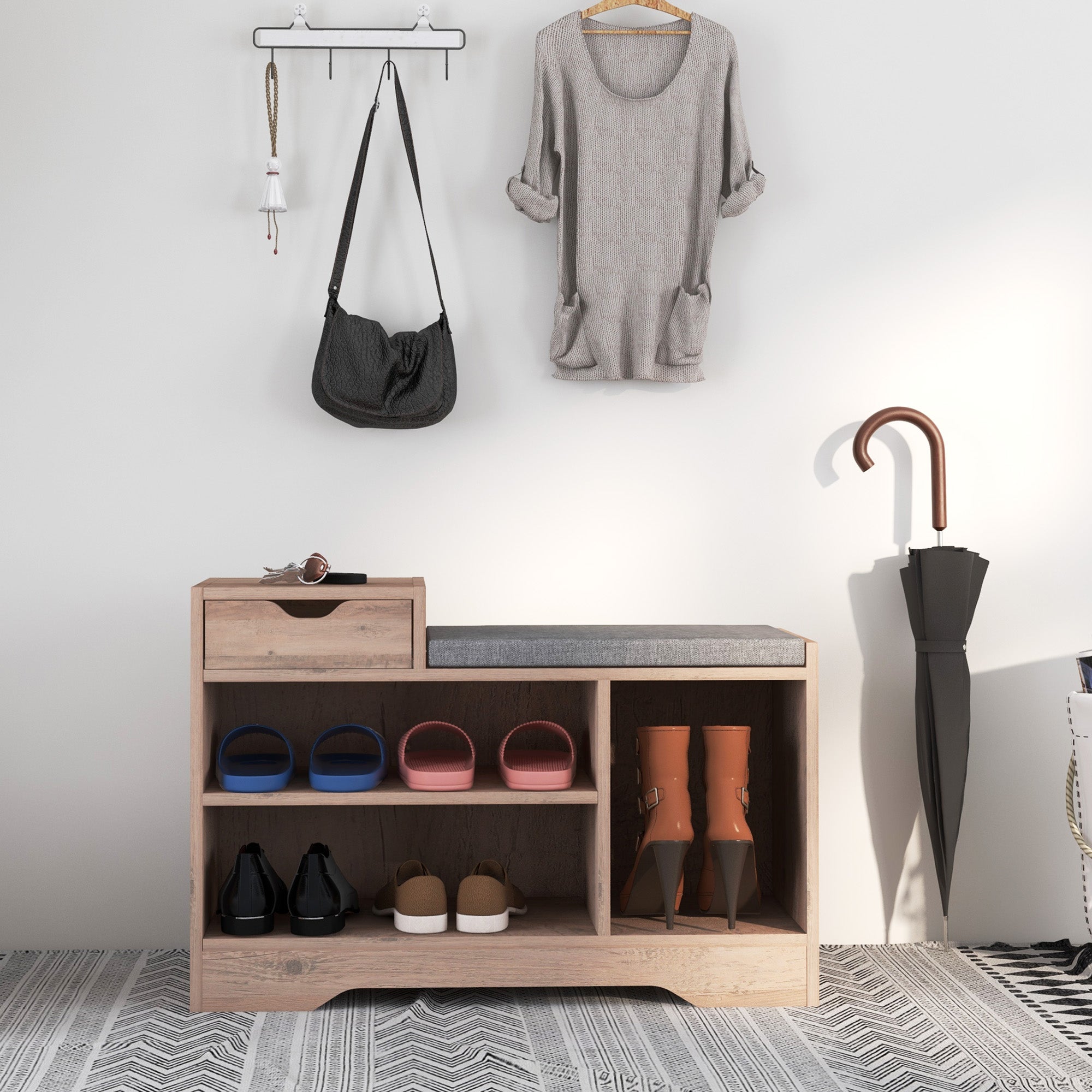 HOMCOM Multi-Compartment Shoe Bench, with Seat - Grey - North Peak Garden Furniture