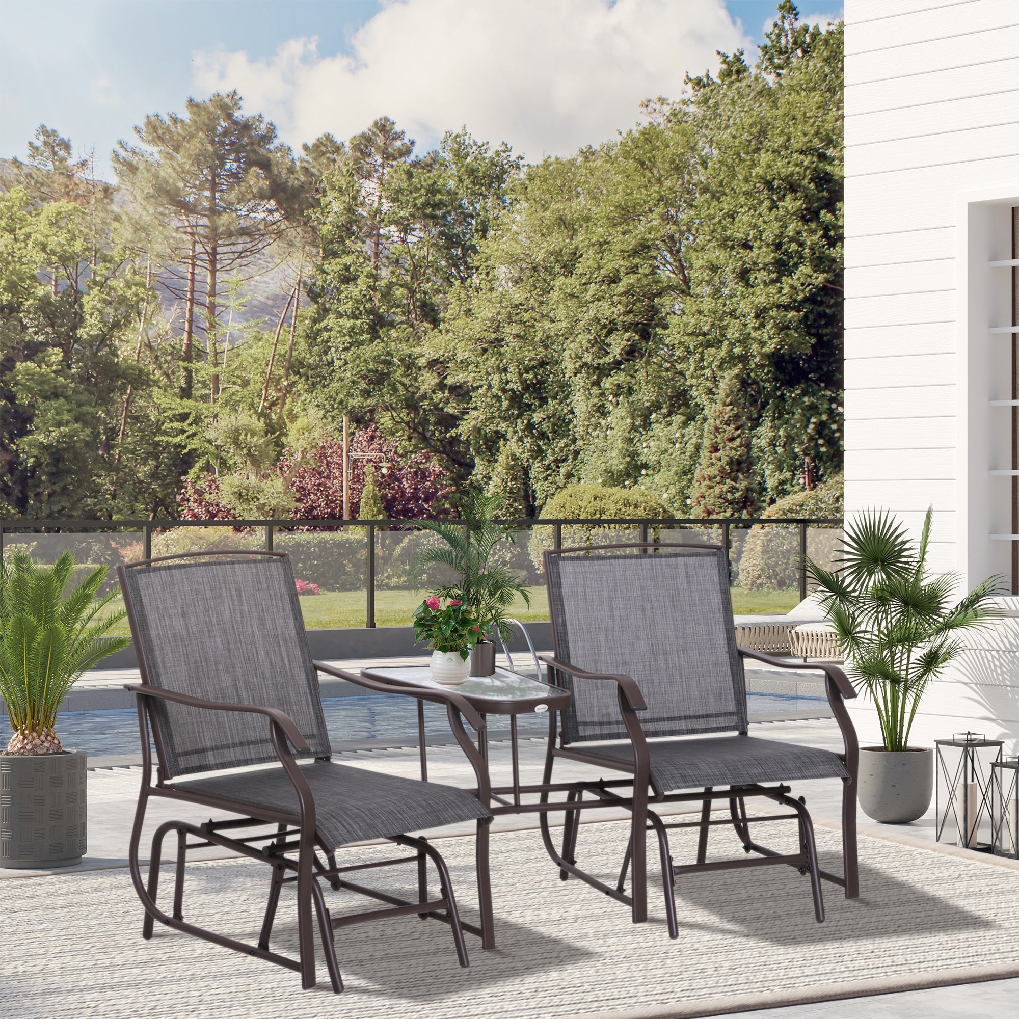 Outsunny Gliding Jack and Jill Seat, with Glass-Top Table - Brown/Grey - North Peak Garden Furniture