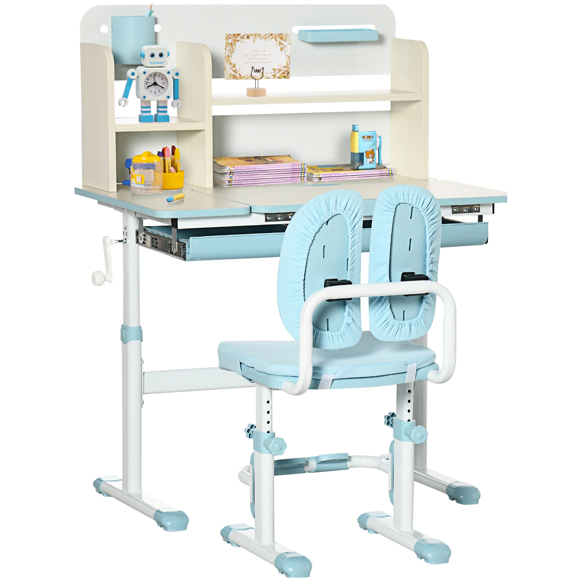 HOMCOM Kids Desk and Chair Set, with Storage Shelves, Washable Cover, for Ages 3-12 Years - Blue - North Peak Garden Furniture