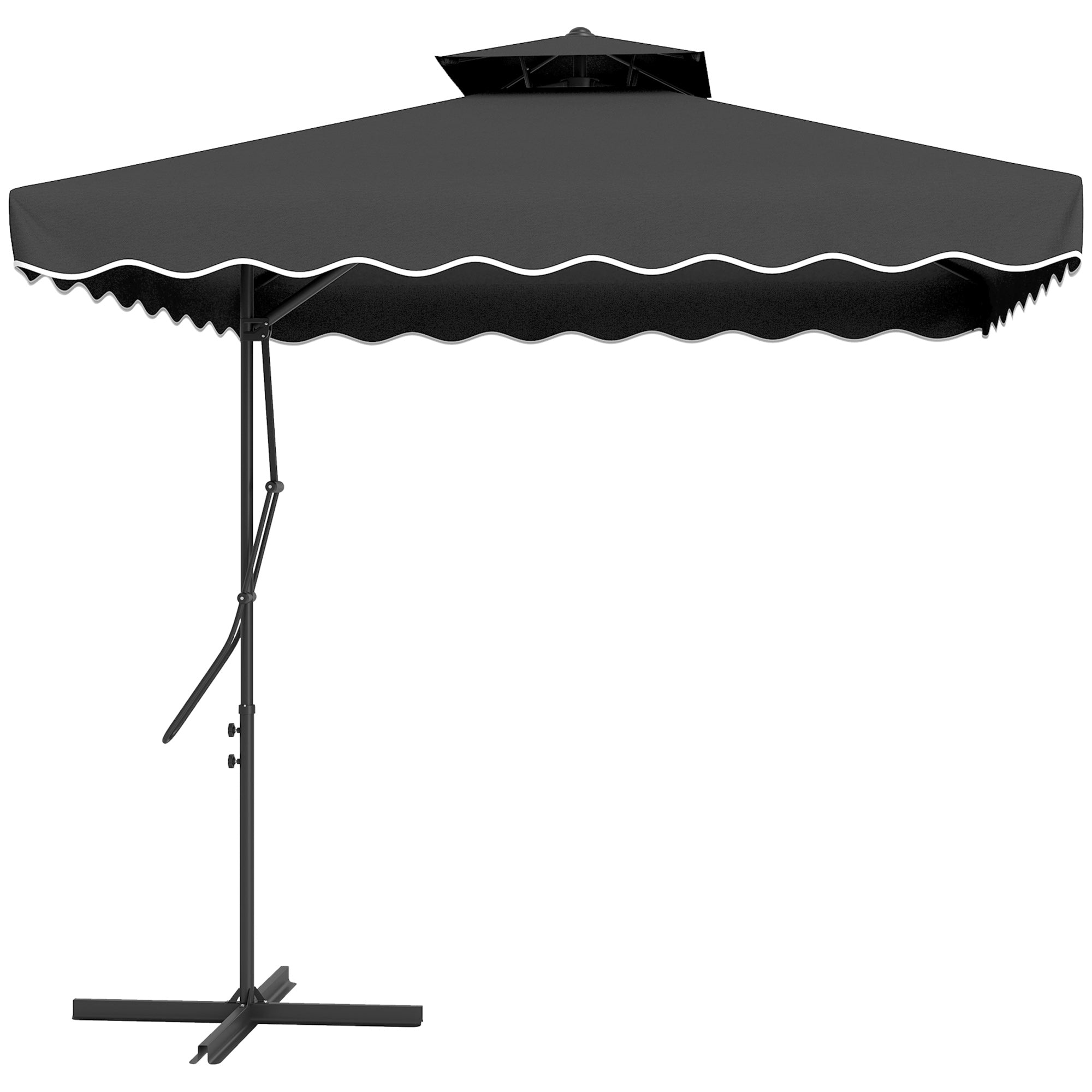 Outsunny 2.5m Cantilever Parasol with Easy Lever, Square Double Top Garden Parasol Umbrella with Ruffles and Cross Base, Overhanging Outdoor Sun Shades, Black - North Peak Garden Furniture