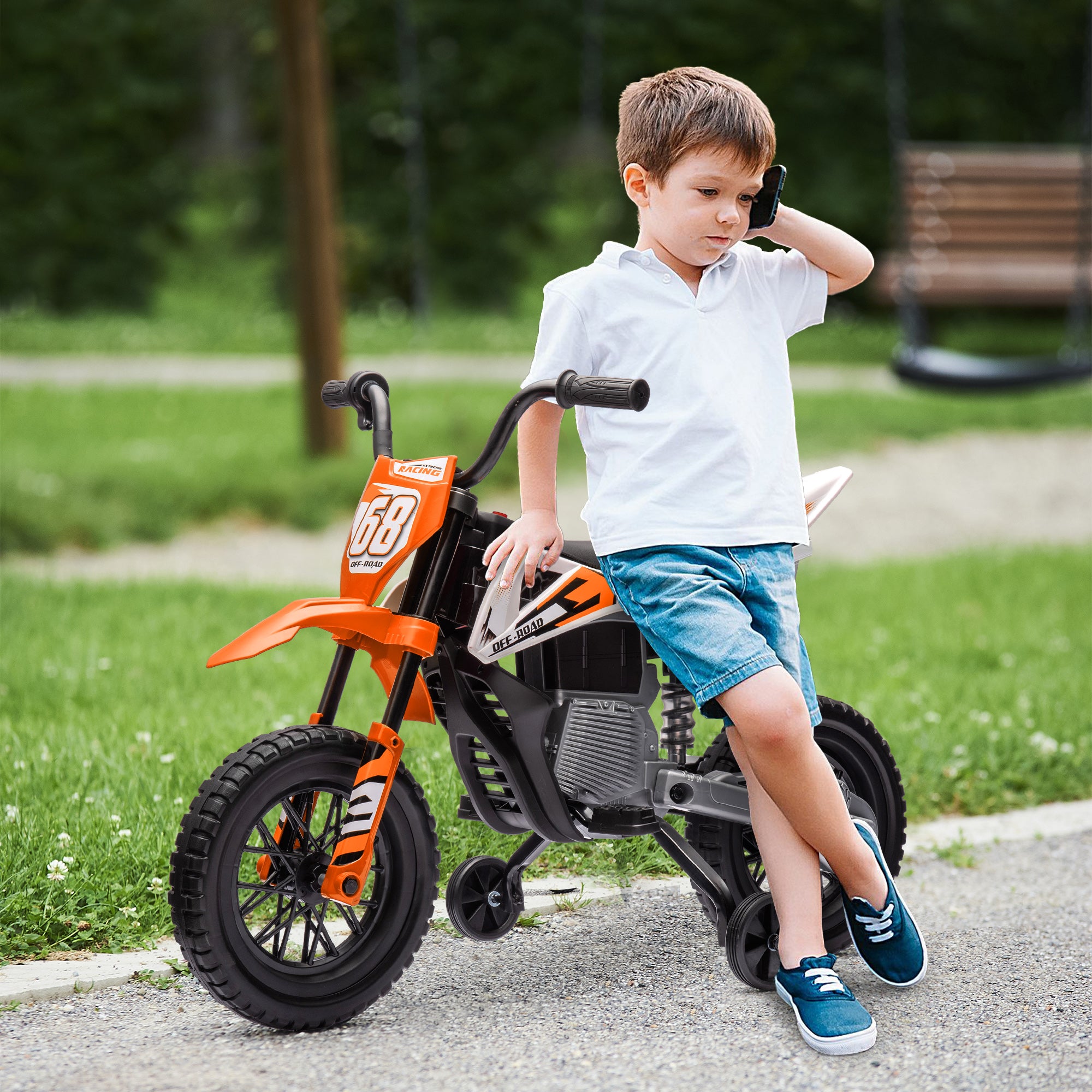 AIYAPLAY 12V Kids Electric Motorbike, Kids Electric Ride on motorcycle w/ Twist Grip Throttle, Training Wheels, Orange - North Peak Garden Furniture
