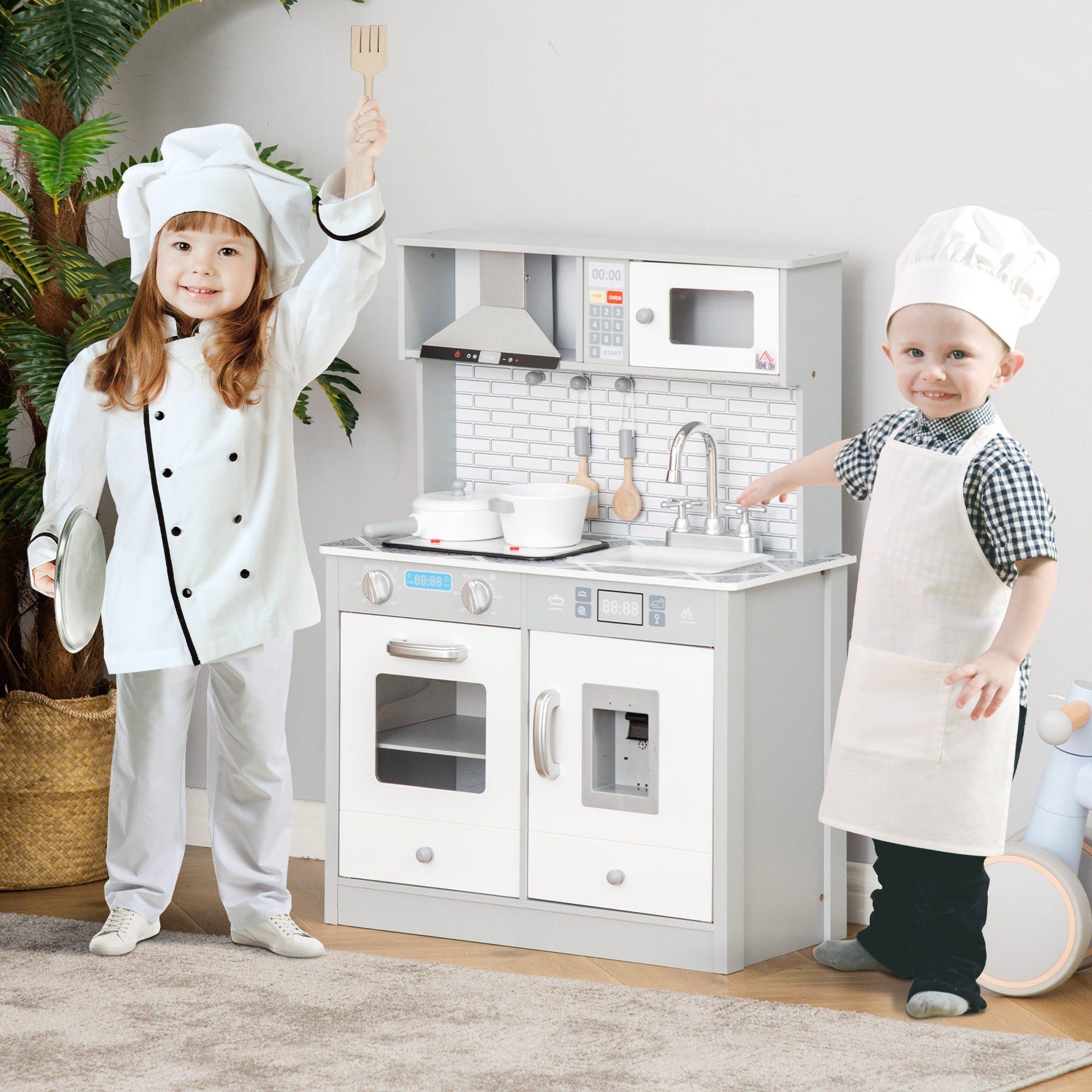 HOMCOM Kids Wooden Toy Kitchen Pretend Play Cooking Playset w/ Sound & Light Effect, Battery Operated Cooktop, Ice Machine, Marble Pattern Countertop, for 3-6 Years Old - North Peak Garden Furniture