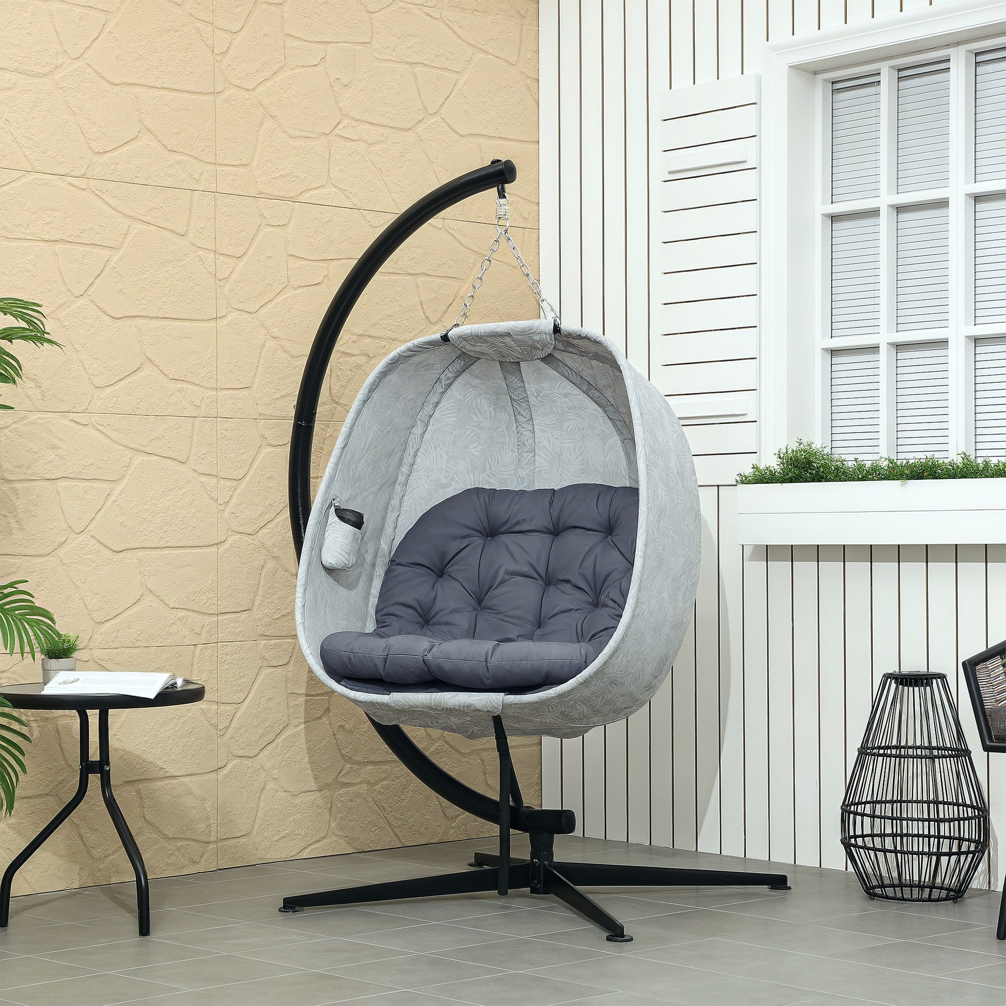 Outsunny Hanging Egg Chair Outdoor Indoor Garden Swing Chair with Folding Basket, Garden Hanging Chair with Stand, Thickened Cushion, Cup Holder for Patio, Balcony, Grey - North Peak Garden Furniture