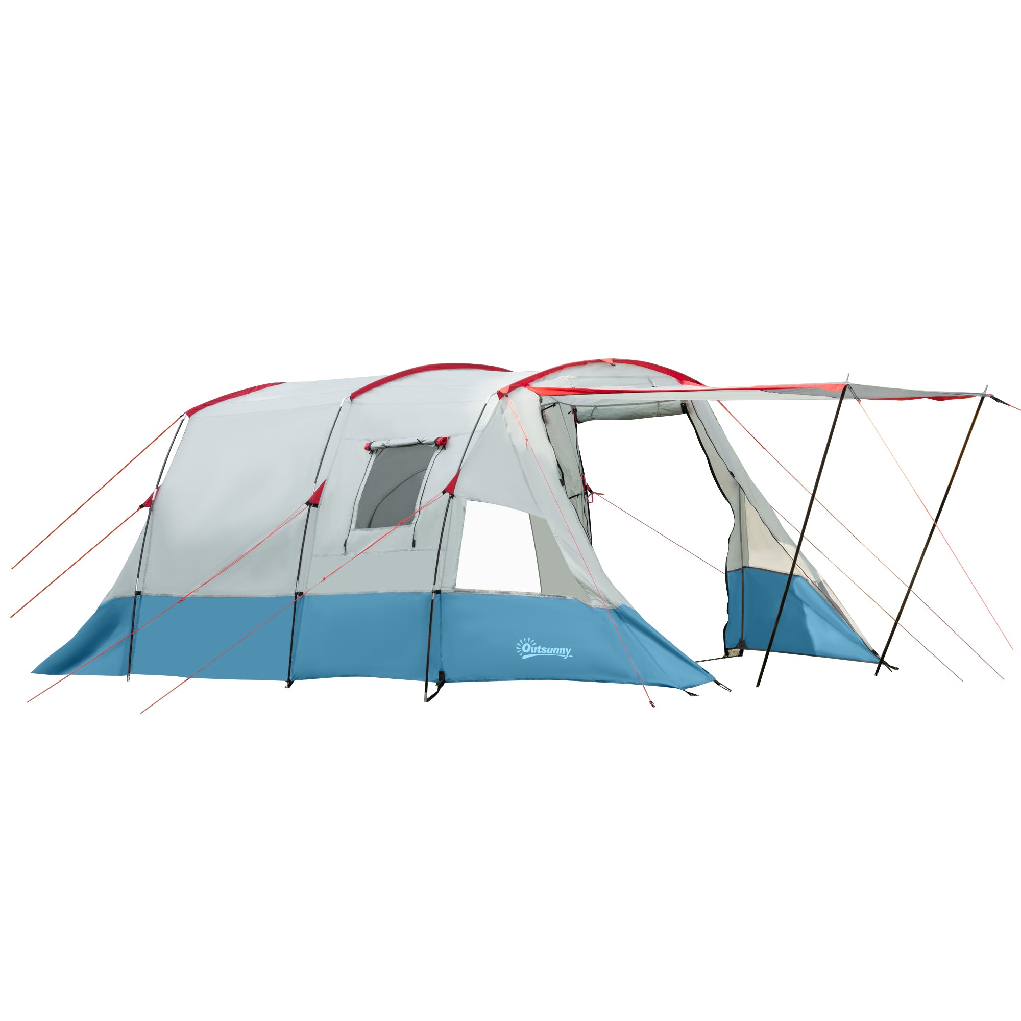 Outsunny 6-8 Person Tunnel Tent, Camping Tent with Bedroom, Living Room, Sewn-in Floor, 3 Doors and Carry Bag, 2000mm Water Column for Fishing, Hiking, Sports, and Traveling, Blue - North Peak Garden Furniture