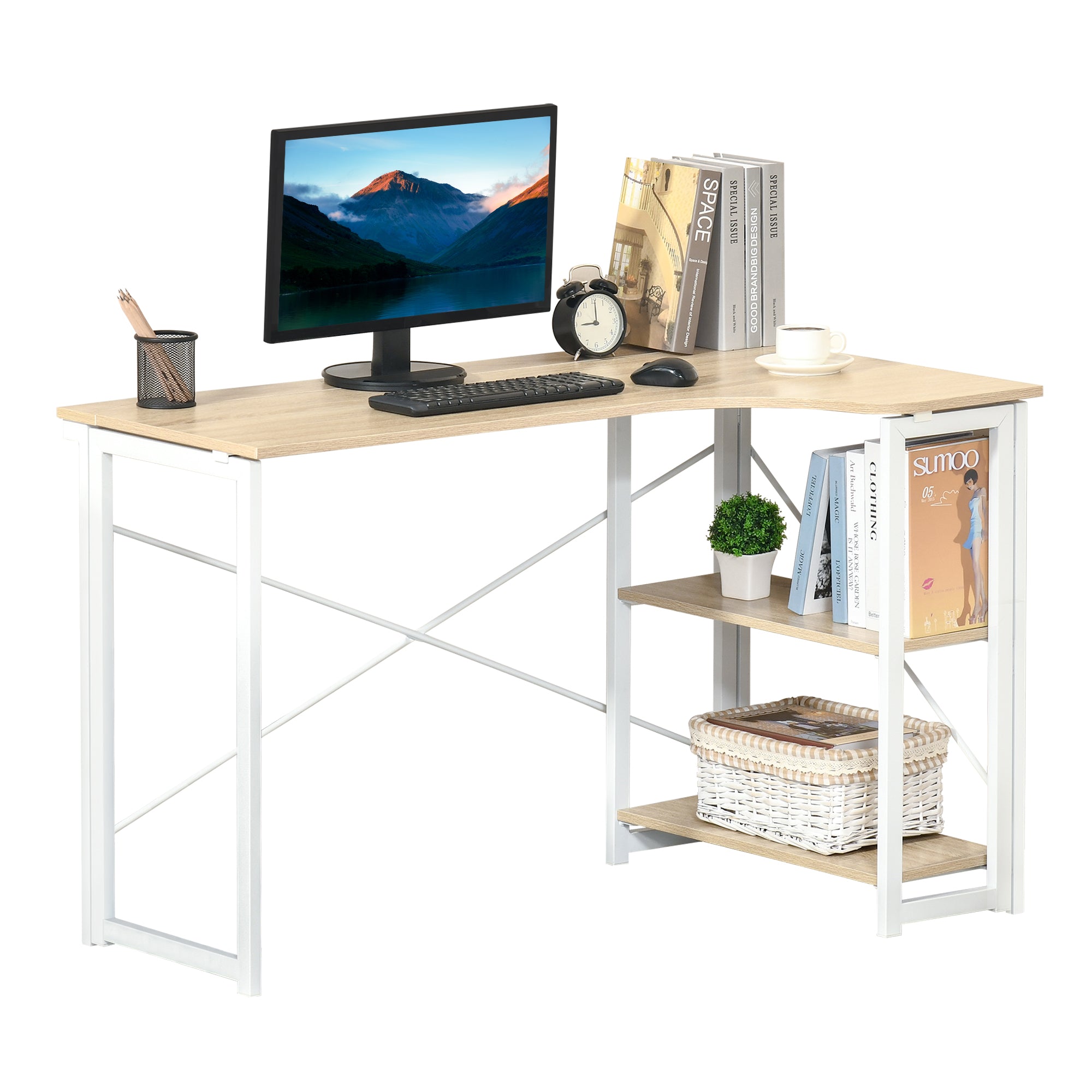 HOMCOM Folding Desk, L Shaped Desk, Corner Computer Desk with 2-Tier Storage Shelf for Home Office, Study Room, Workstation, Easy Assembly, 120 x 72.5 x 76.5cm, Oak Tone - North Peak Garden Furniture