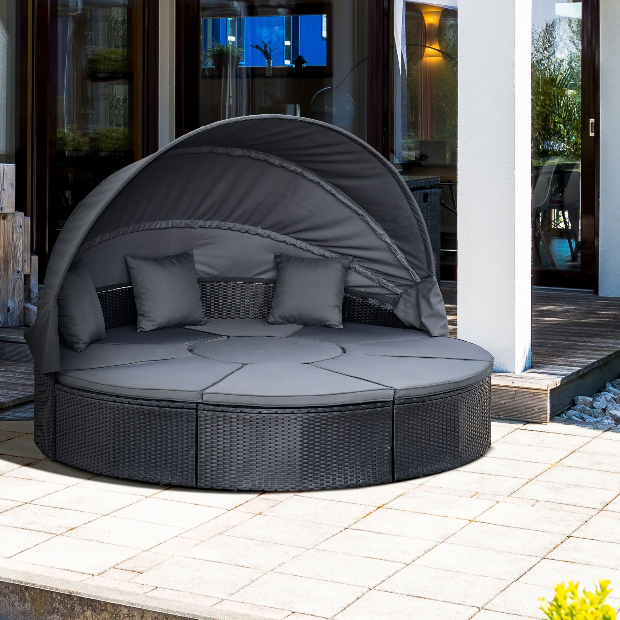 Outsunny 4 Pieces PE Rattan Garden Daybed Set, Outdoor Wicker Cushioned Round Sofa Bed Conversation Furniture with Coffee Table & Canopy, Black - North Peak Garden Furniture