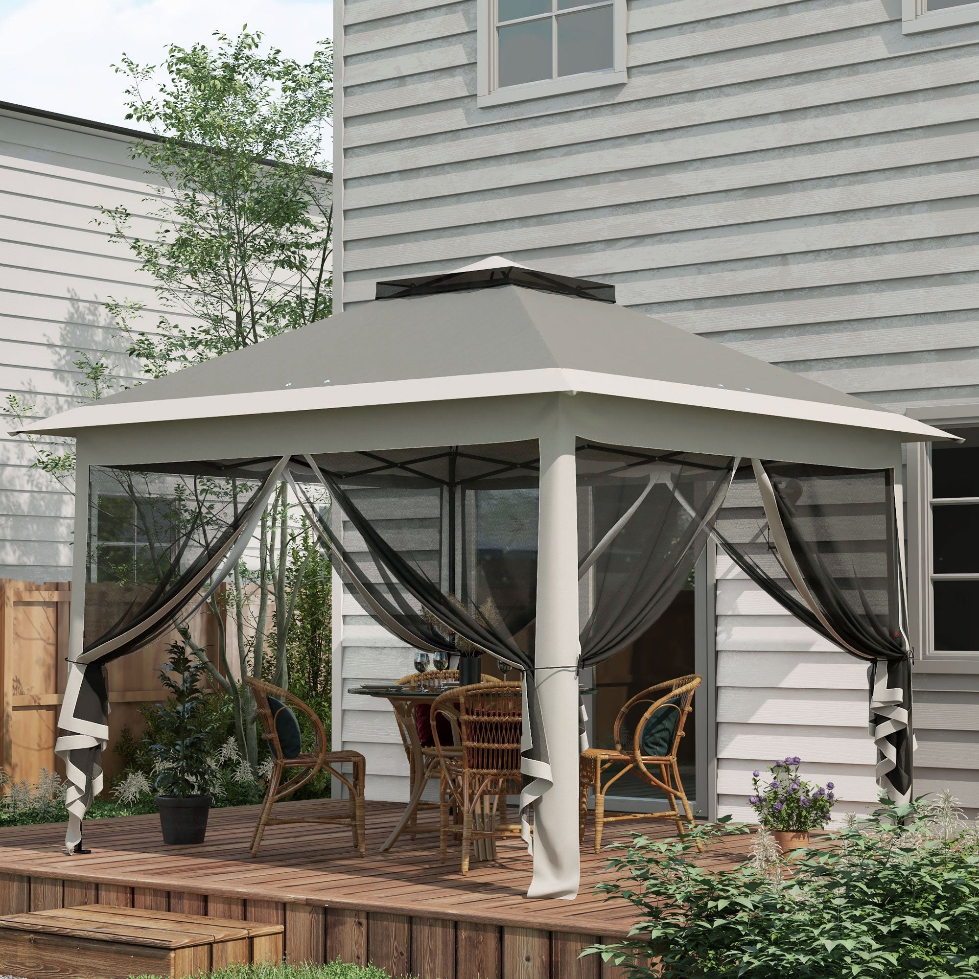 Outsunny Pop Up Canopy Tent with Double Roof, Zipped Mesh Sidewalls, Carrying Bag, Height Adjustable for Patio Garden, Dark Grey - North Peak Garden Furniture