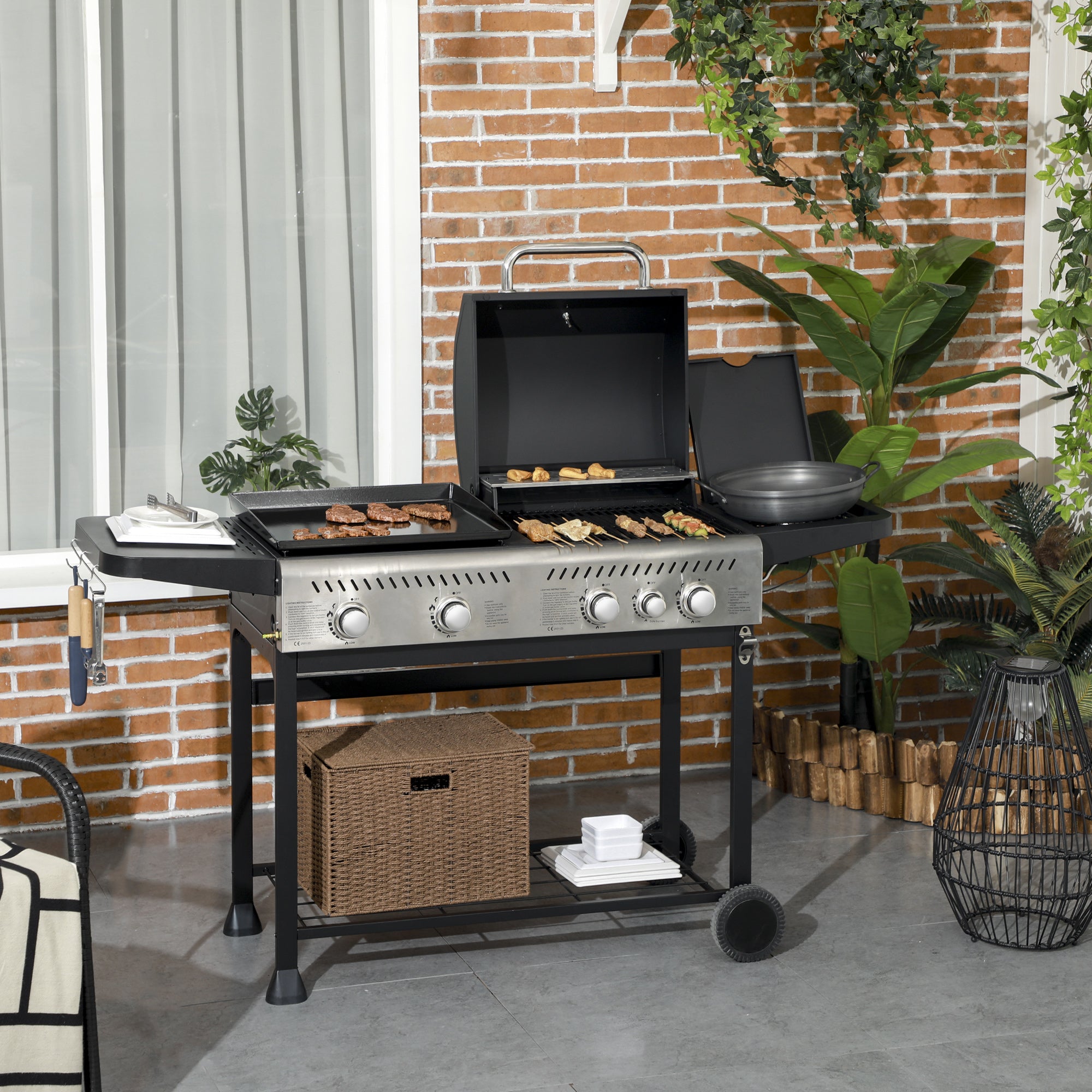 Outsunny 15kW Deluxe Duo Gas BBQ, with Grill, Plancha and Side Burner - Black - North Peak Garden Furniture