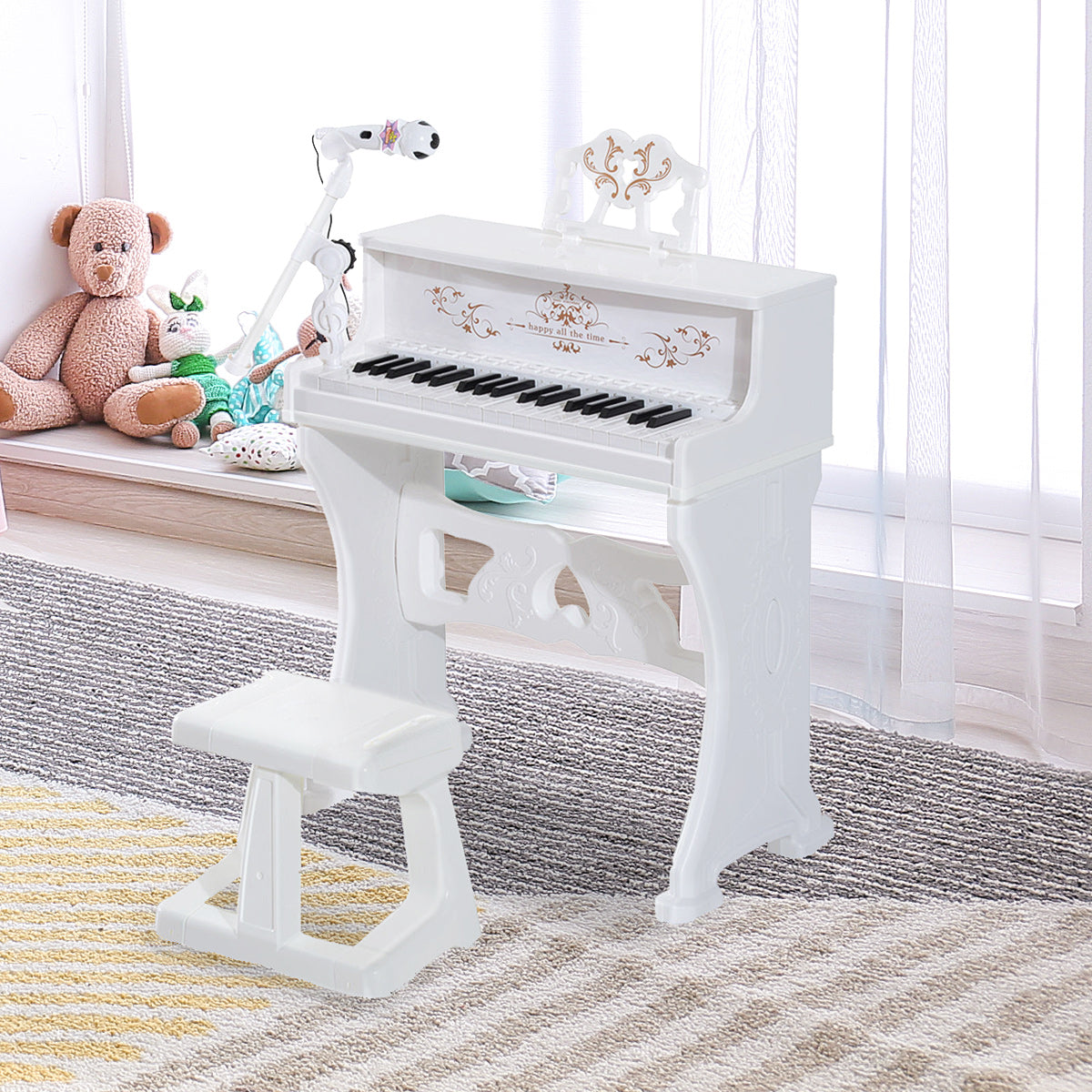 HOMCOM 37 Keys Kids Piano Mini Electronic Keyboard Light Kids Musical Instrument Educational Game Children Grand Piano Toy Set w/Stool & Microphone & Music Stand (White) - North Peak Garden Furniture