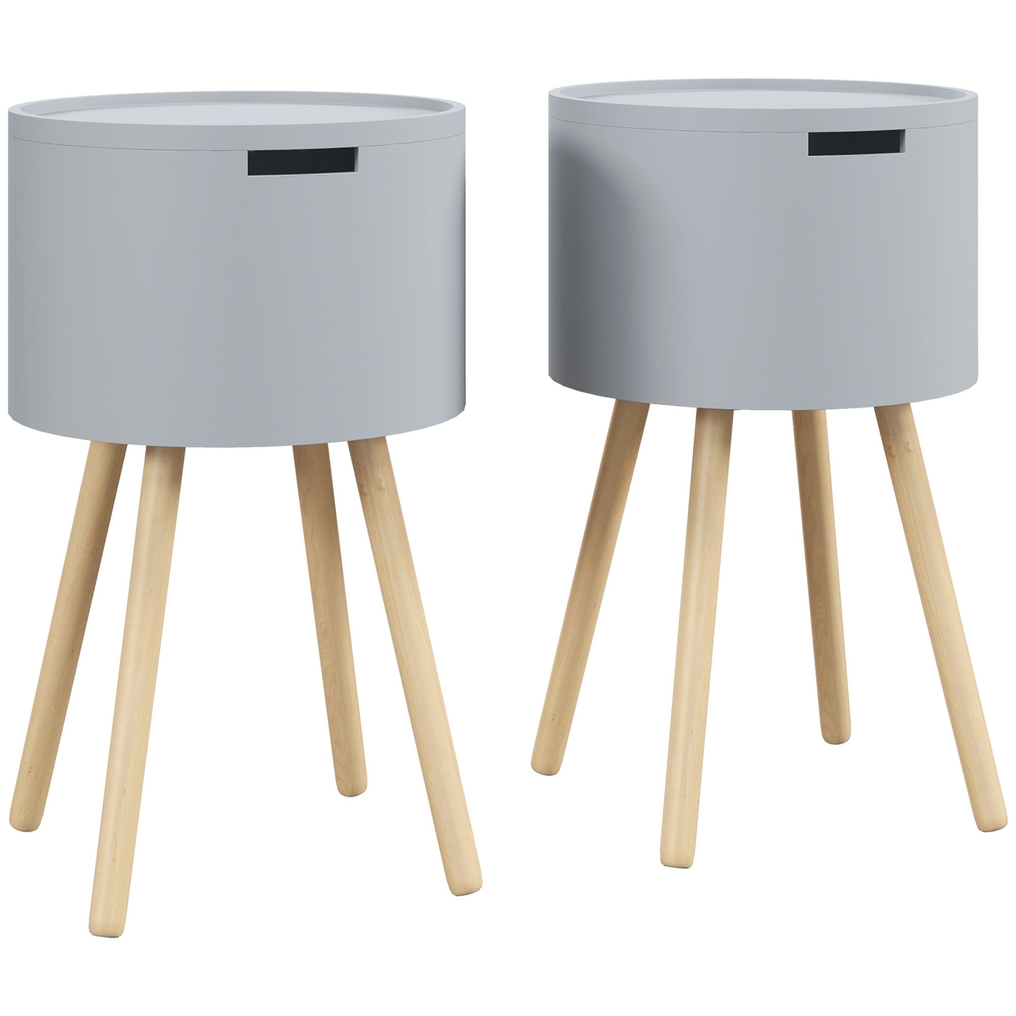 HOMCOM Modern Side Table with Hidden Storage Space, Round Night Stand with Removable Tray Wood Frame End Coffee Table for Living Room, Set of 2, Grey - North Peak Garden Furniture