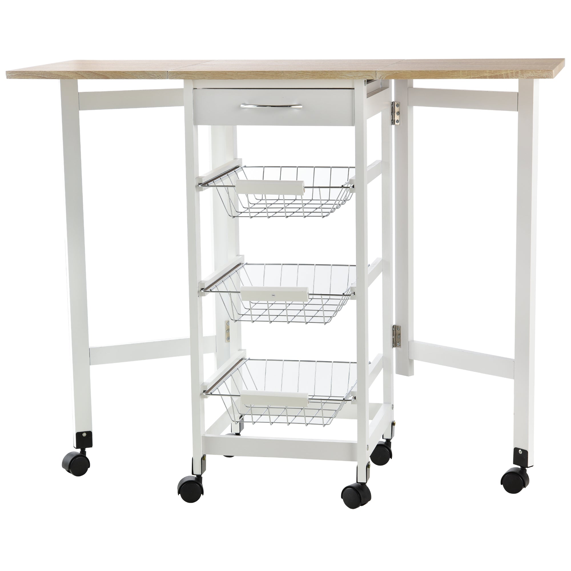 HOMCOM Drop-Leaf Kitchen Cart Trolley w/ 3 Baskets Drawer Surface Top 6 Universal Wheels Rolling Storage Unit Kitchen Home Dining Island White Oak Tone - North Peak Garden Furniture