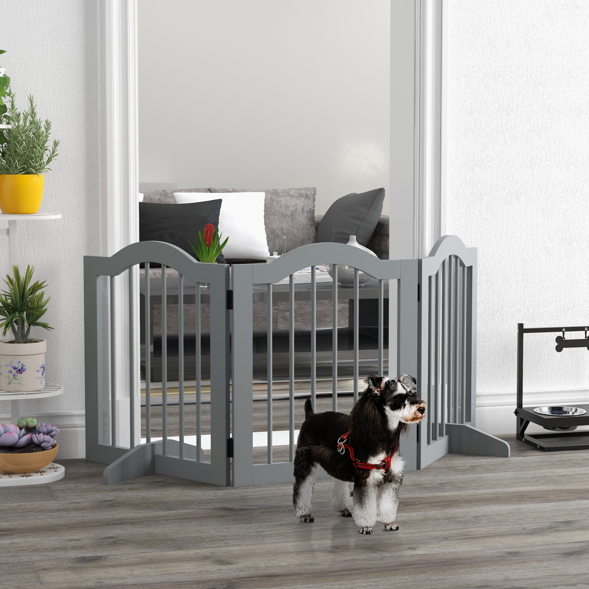 PawHut 3 Panels Dog Gate w/ Support Feet Fence Safety Barrier Freestanding Wood Light Grey - North Peak Garden Furniture