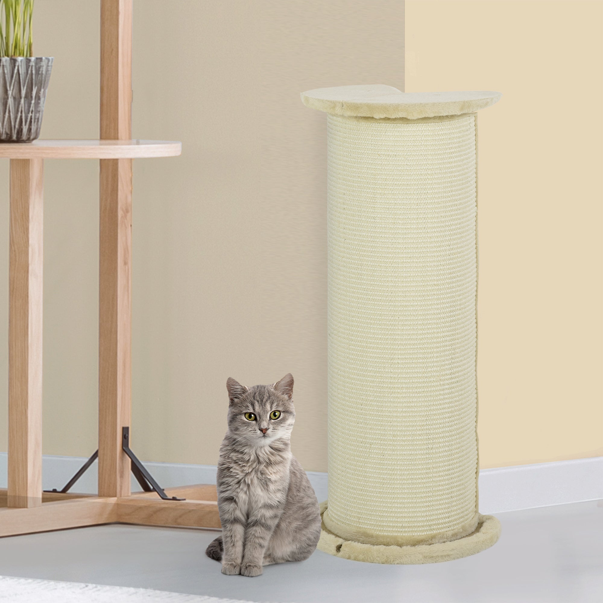 PawHut 85cm Tall Cat Scratching Post, with Sisal Rope, Soft Plush, Anti Tip - Beige - North Peak Garden Furniture