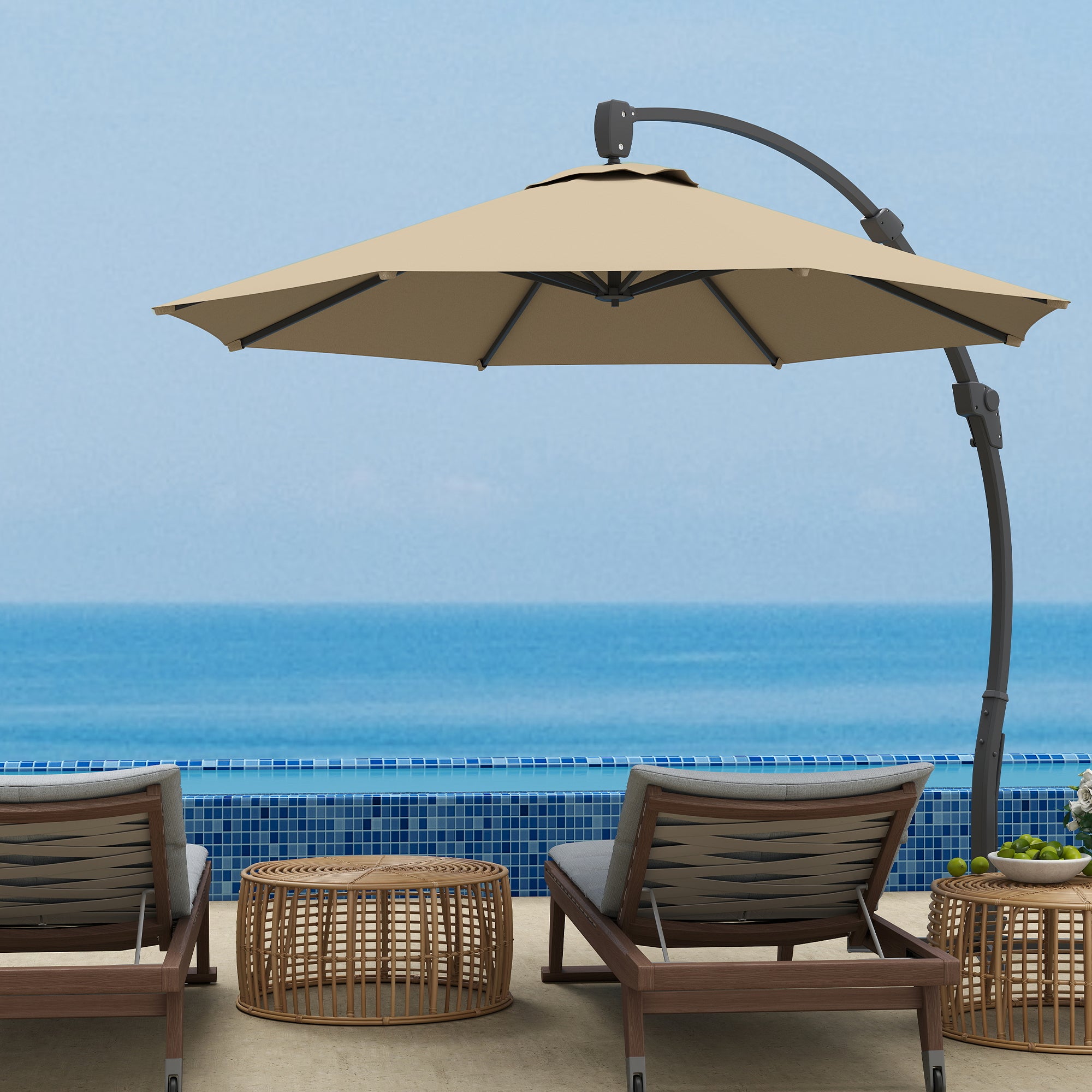 Outsunny 3(m) Garden Cantilever Parasol, Round Overhanging Umbrella with Crank Handle, Cross Base, Aluminium Frame and 360° Rotation, Banana Patio Umbrella for Outdoor Sun Shade, Khaki - North Peak Garden Furniture