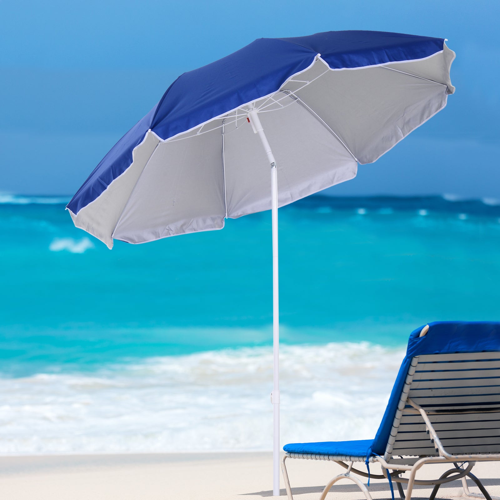 Outsunny 1.7m Beach Umbrella, Portable Parasol with Tilting Function, Carry Bag, Outdoor Sunshade Shelter with 8 Ribs, Blue - North Peak Garden Furniture
