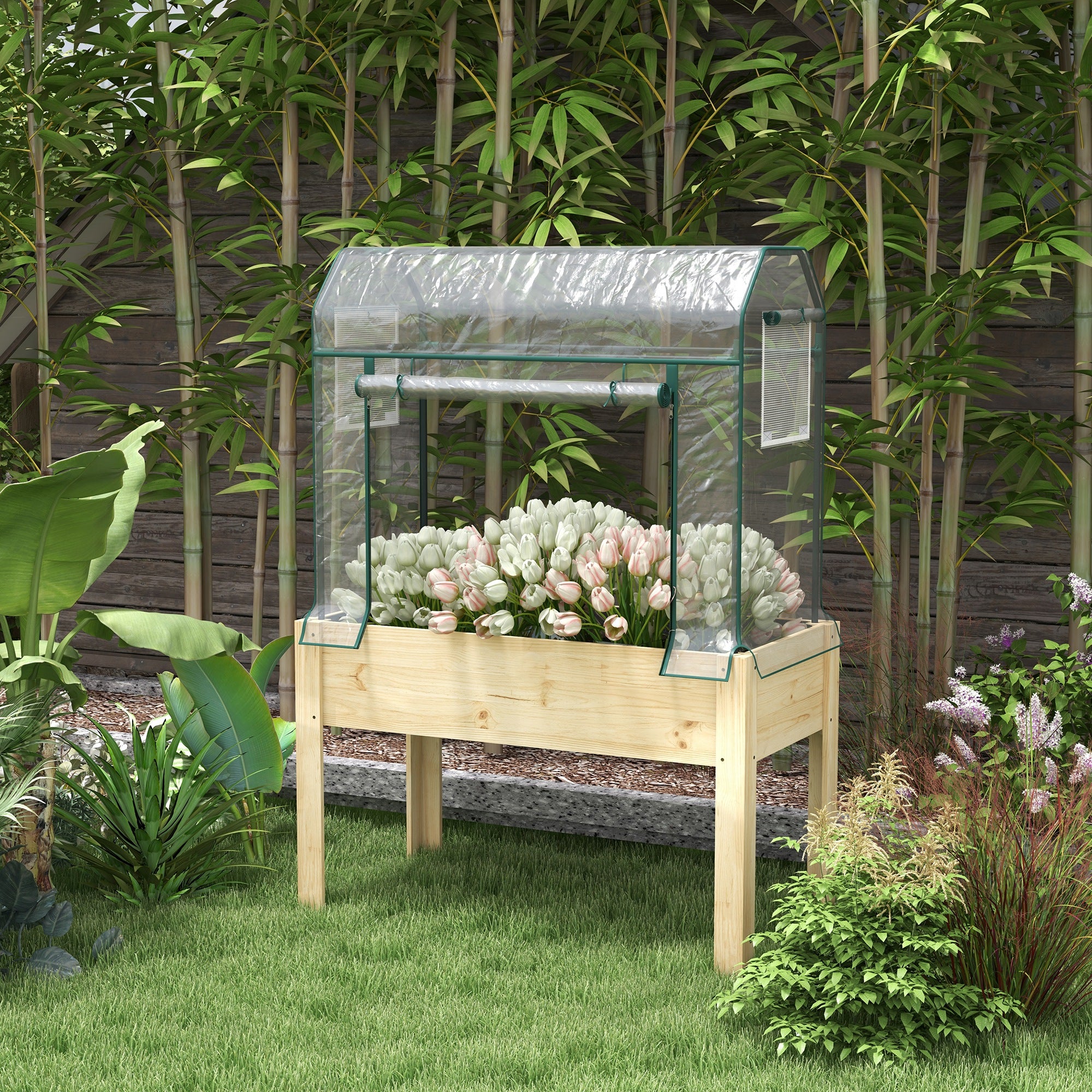 Outsunny Wooden Planter Box with Greenhouse Cover and Bed Liner, Raised Garden Bed for Vegetables, Flowers, Herbs - North Peak Garden Furniture