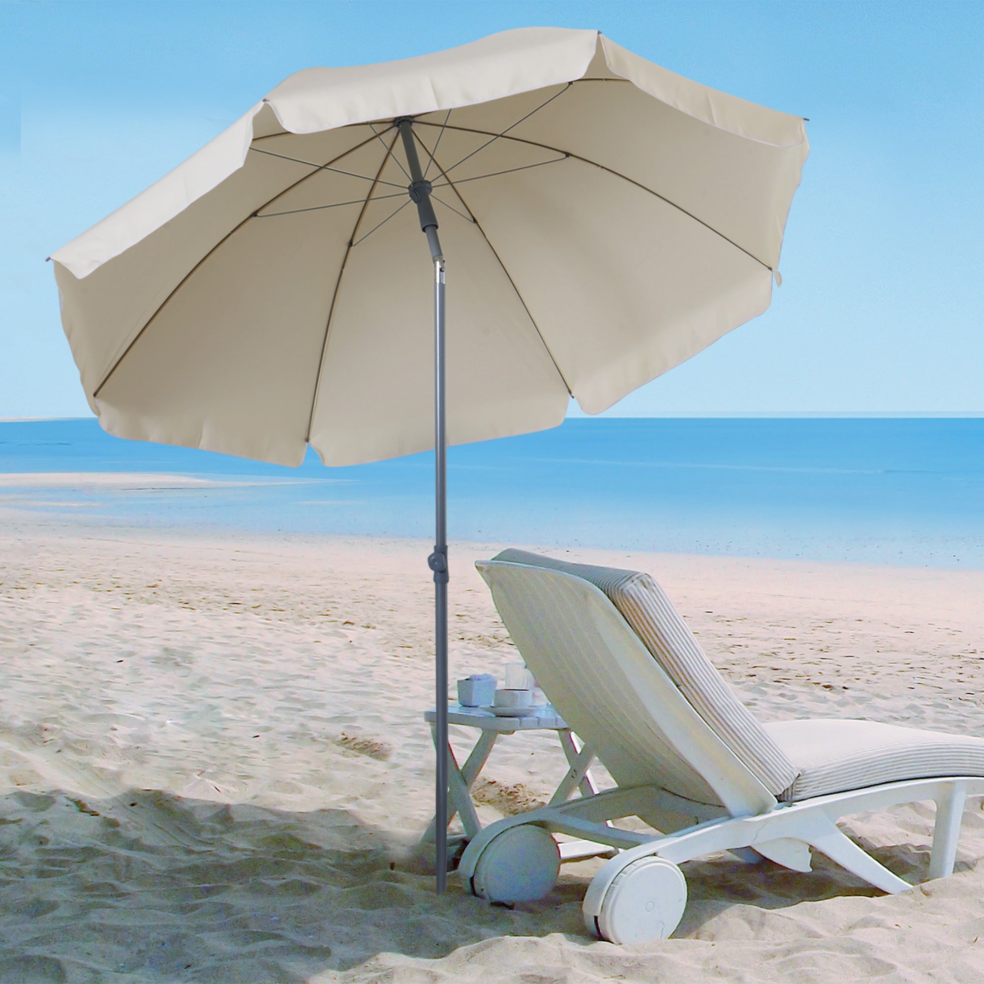 Outsunny 2.2m Beach Umbrella, Portable Parasol with Tilting Function, Outdoor Sunshade Shelter with 8 Ribs, Cream White - North Peak Garden Furniture
