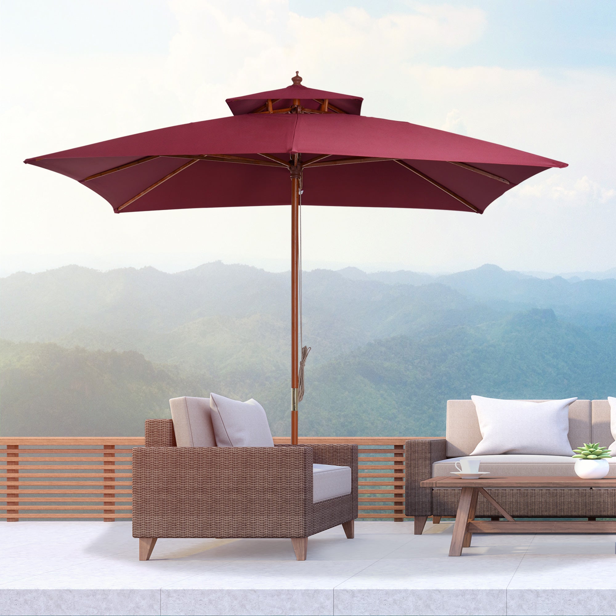 Outsunny 3 x 3(M) Garden Parasol Umbrella Sunshade, Outdoor Wooden Parasol with Double Tier Canopy, Wine Red - North Peak Garden Furniture