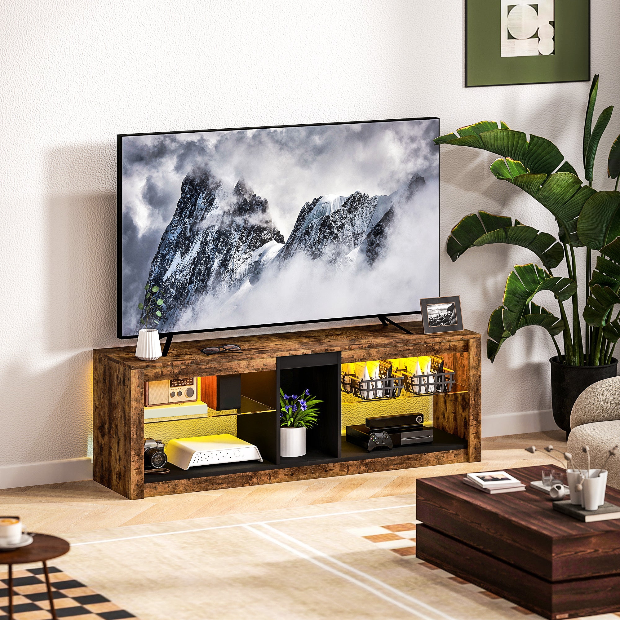 HOMCOM TV Stand Cabinet with LED Lights and Remote Control for TVs up to 65", Entertainment Centre with Storage Shelves and Compartment, Rustic Brown