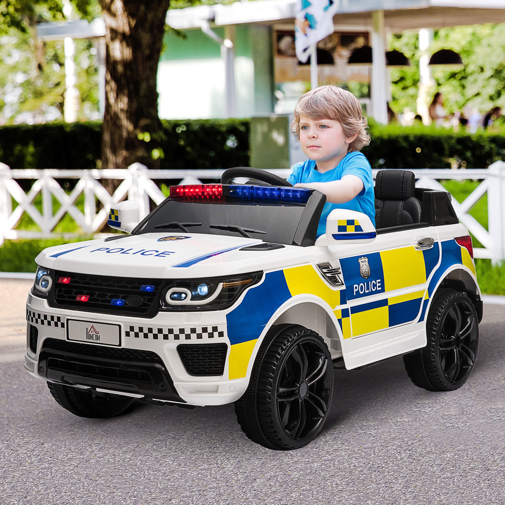 HOMCOM 12V Kids Electric Ride On Police Car 2 Motors with Parental Remote Control Siren Flashing Lights USB Portable for 3-6 Years White - North Peak Garden Furniture