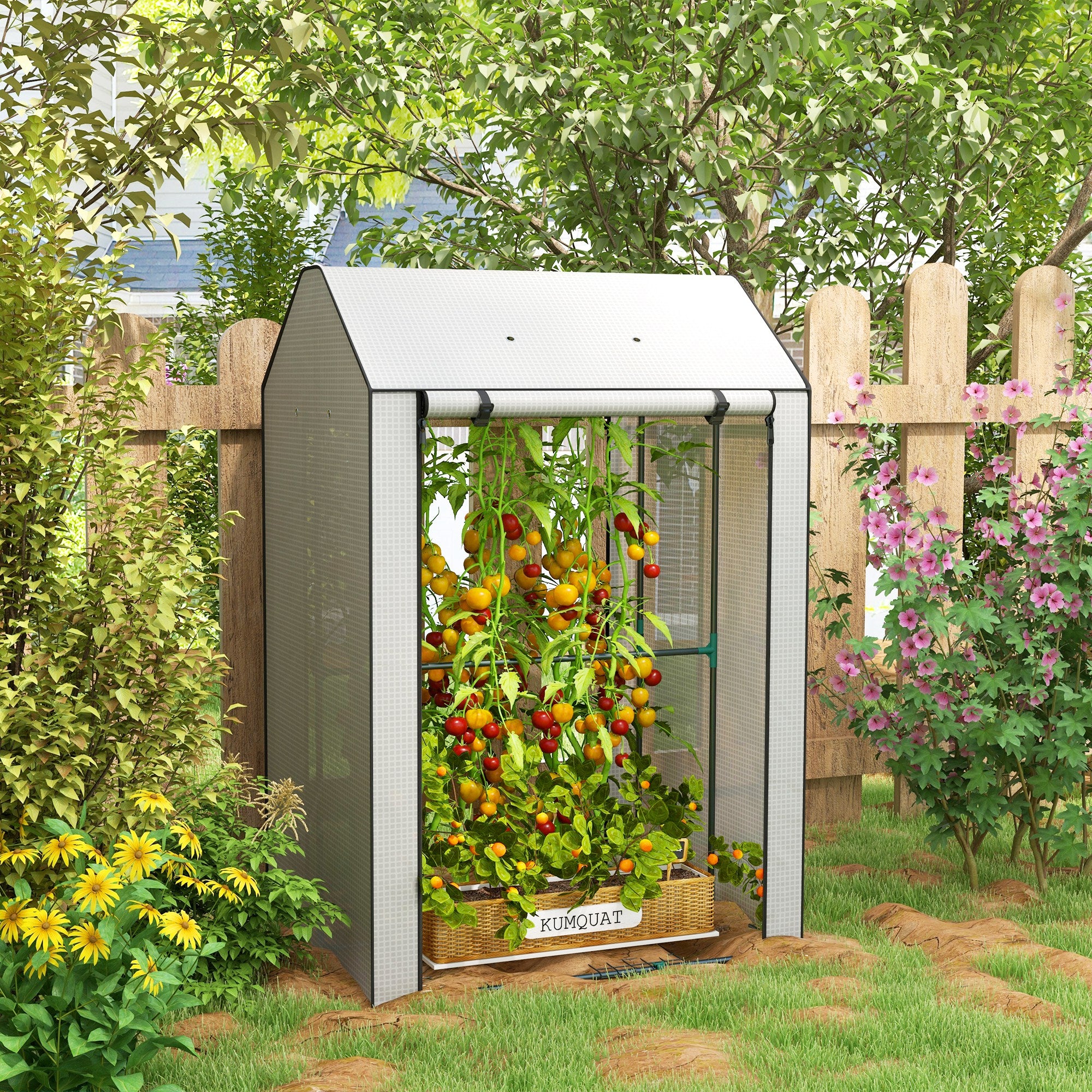 Outsunny Mini Greenhouse with 4 Wire Shelves Portable Garden Grow House Upgraded Tomato Greenhouse for Plants with Roll Up Door and Vents, 100 x 80 x 150cm, White - North Peak Garden Furniture