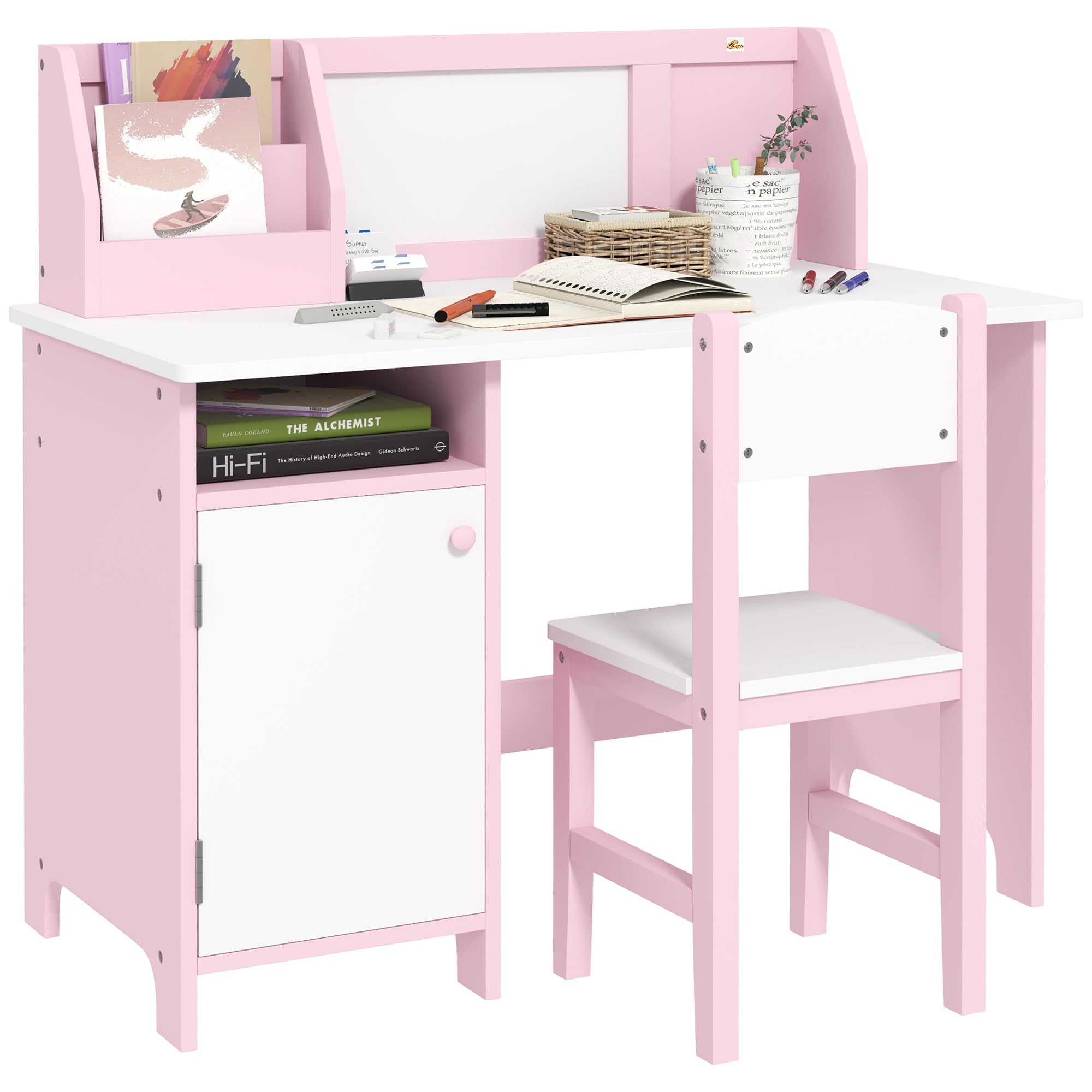 HOMCOM Kids Desk And Chair Set 2 PCs Childrens Table And Chair Set Multi Use Toddler Furniture with Whiteboard, Storage - Pink - North Peak Garden Furniture