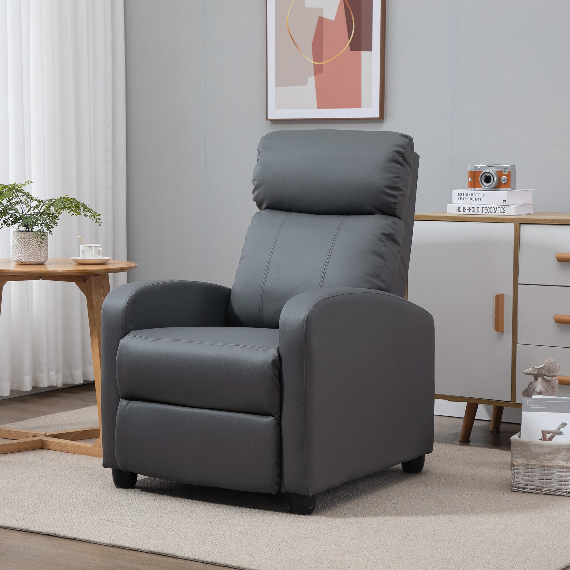 HOMCOM Recliner Armchair, Massage Faux Leather Push Back Reclining Chair with Adjustable Leg Rest, Side Pocket, for Home Living Room Theatre, Grey - North Peak Garden Furniture