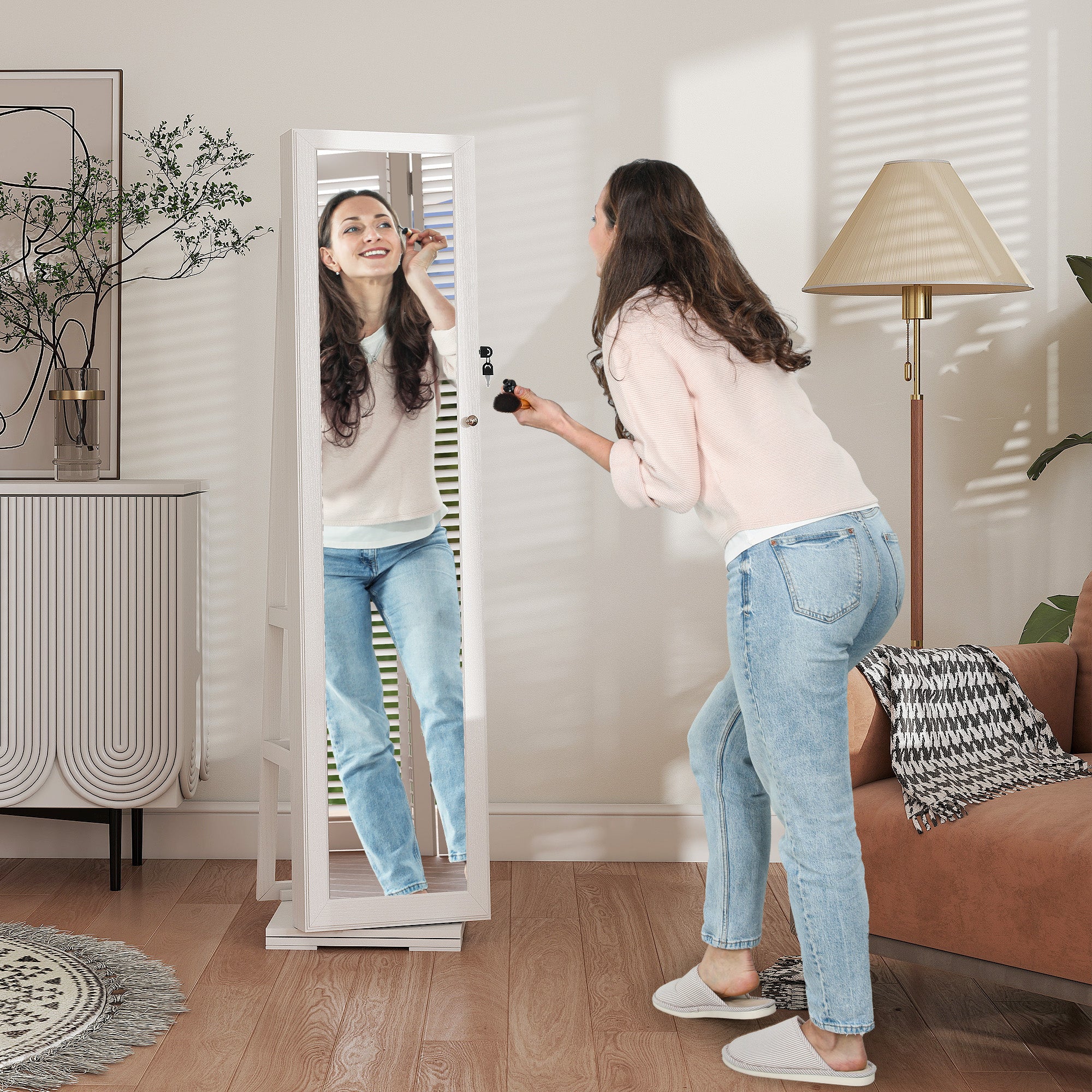 HOMCOM 360° Swivel Jewellery Cabinet, Mirror Armoire, Full Length Mirror, Lockable Jewellery Organizer with Built-In Small Mirror, White