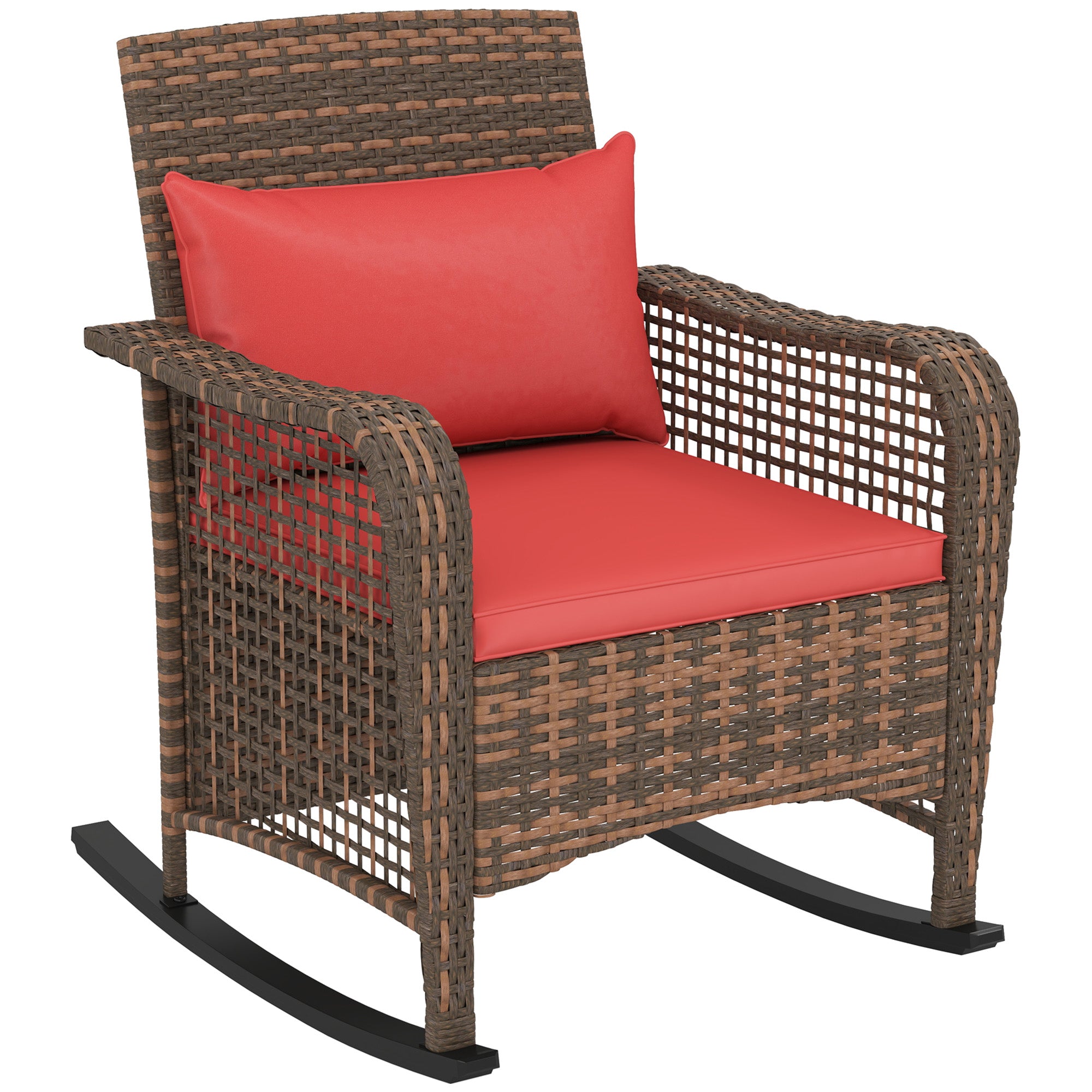Outsunny Garden Rocking Chair, Outdoor Rattan Rocker Lounge Chair with Seat and Back Cushions, Patio Armchair Seat with All-weather Wicker, Steel Frame for Porch Balcony, Red - North Peak Garden Furniture