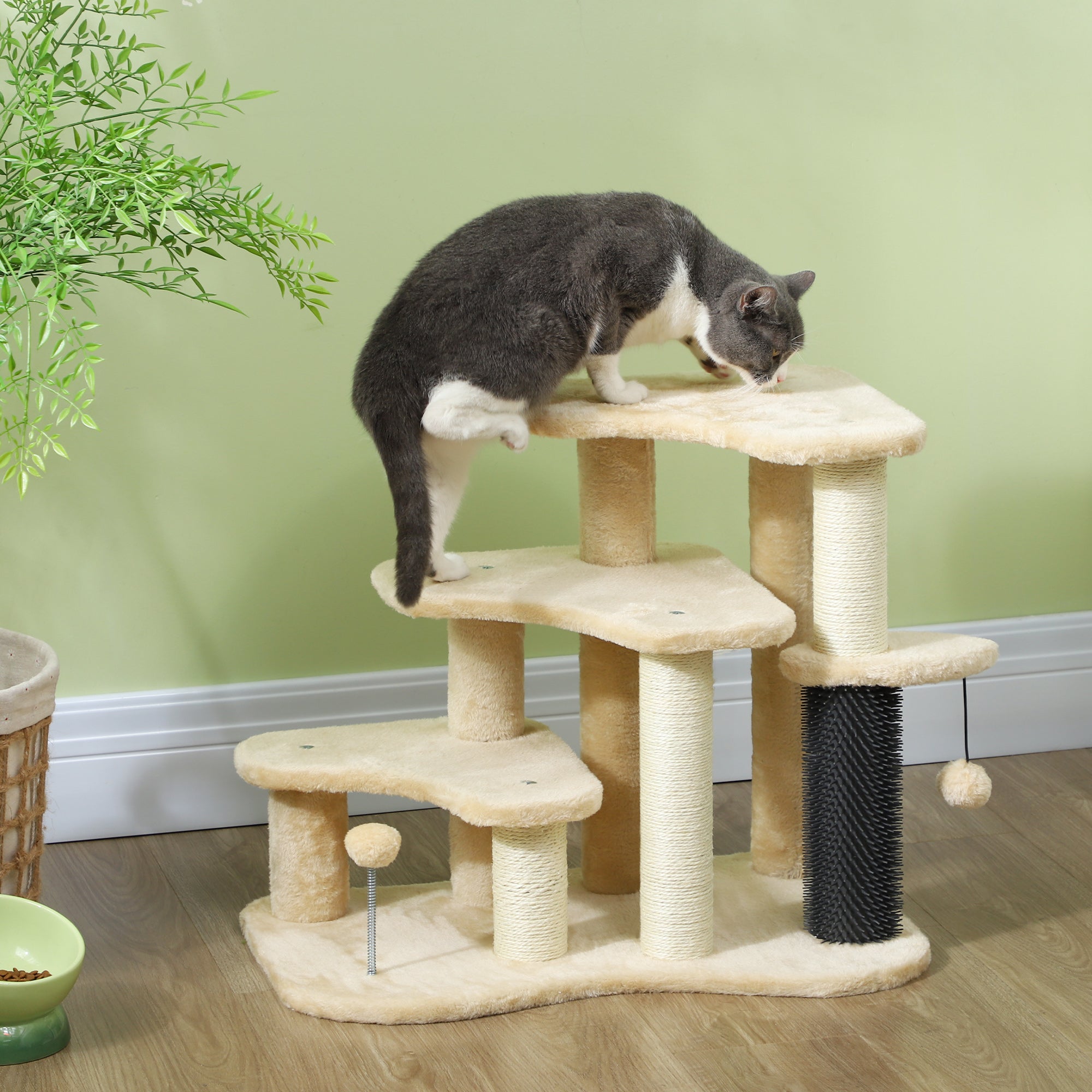 PawHut 2-in-1 Cat Tree, Pet Stairs with Scratching Tickling Post, Toy Balls, for Bed, Sofa, Couch, Beige - North Peak Garden Furniture