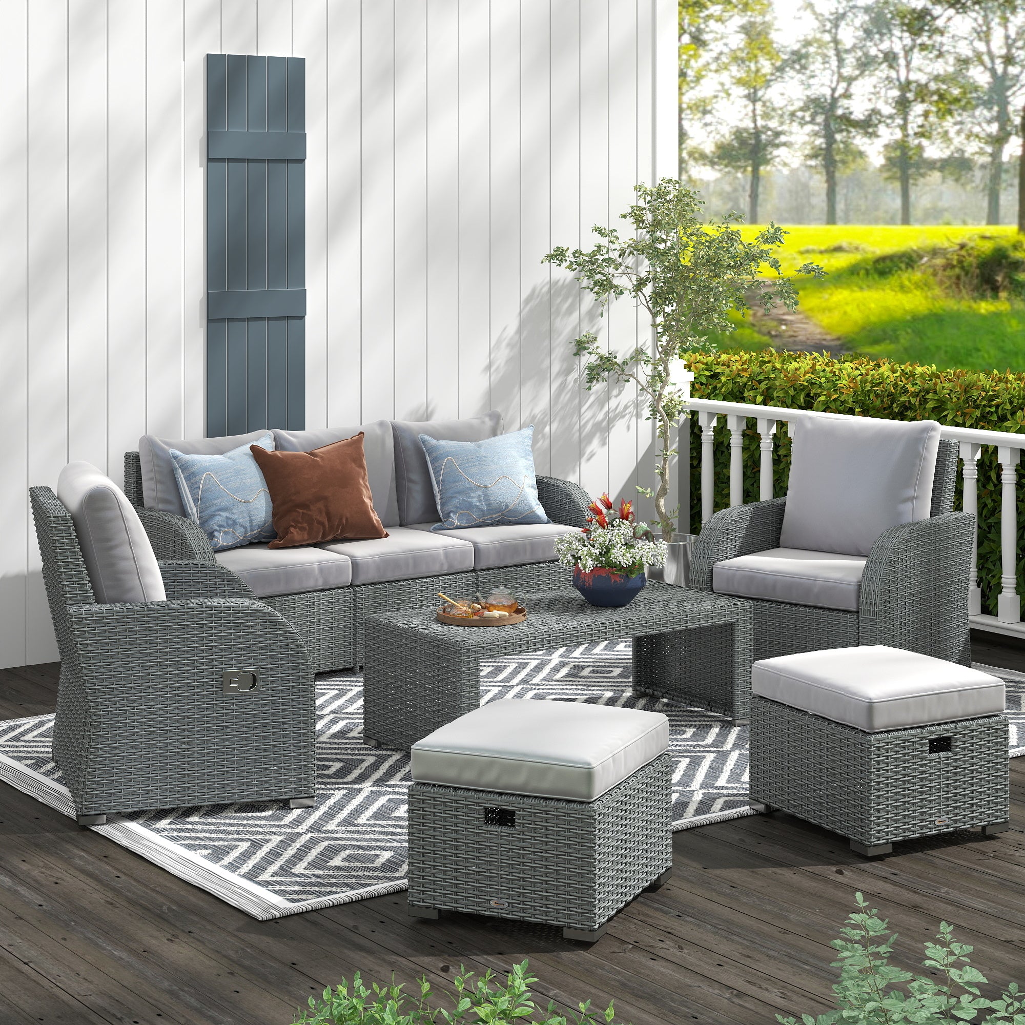 Outsunny Six-piece Outdoor Rattan Dining Set, with Reclining Armchairs - Grey