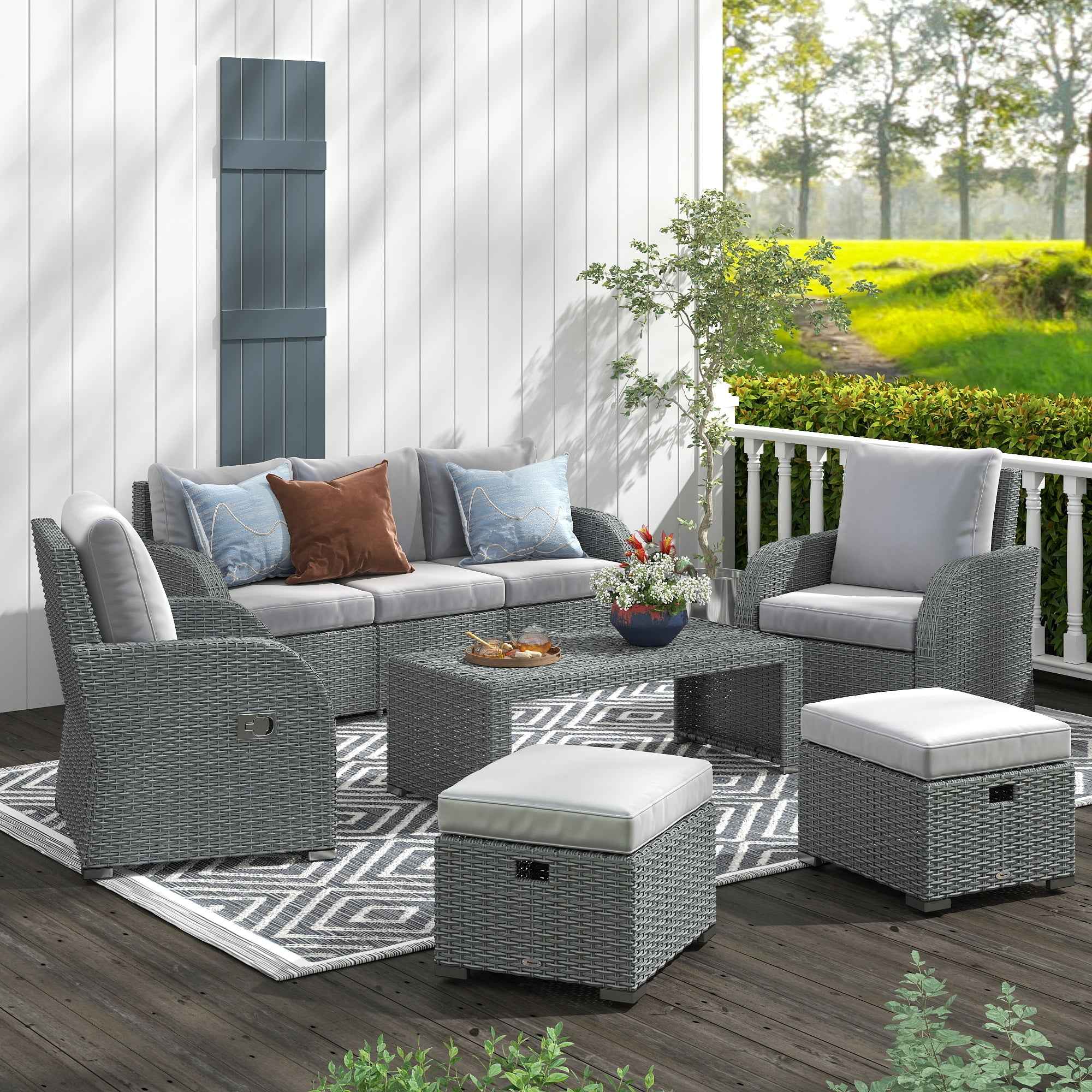 Outsunny Six-piece Outdoor Rattan Dining Set, with Reclining Armchairs - Grey