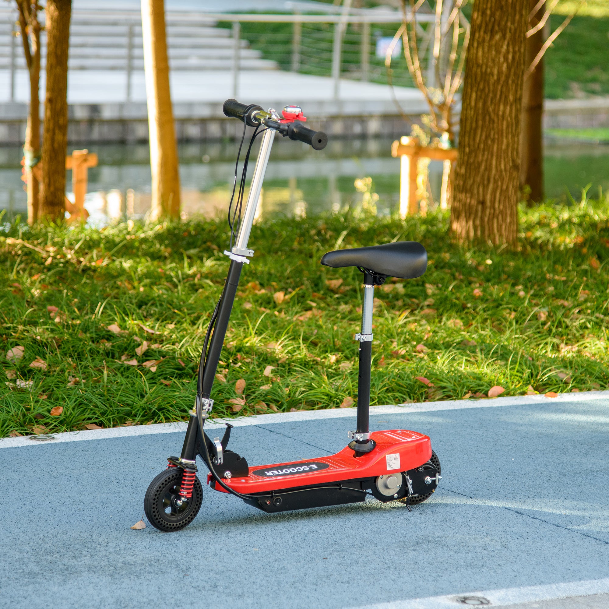HOMCOM Steel Ride on Powered Scooter, Folding E-Scooter with Warning Bell, 15km/h Maximum Speed, for 4-14 Years Old, Red - North Peak Garden Furniture