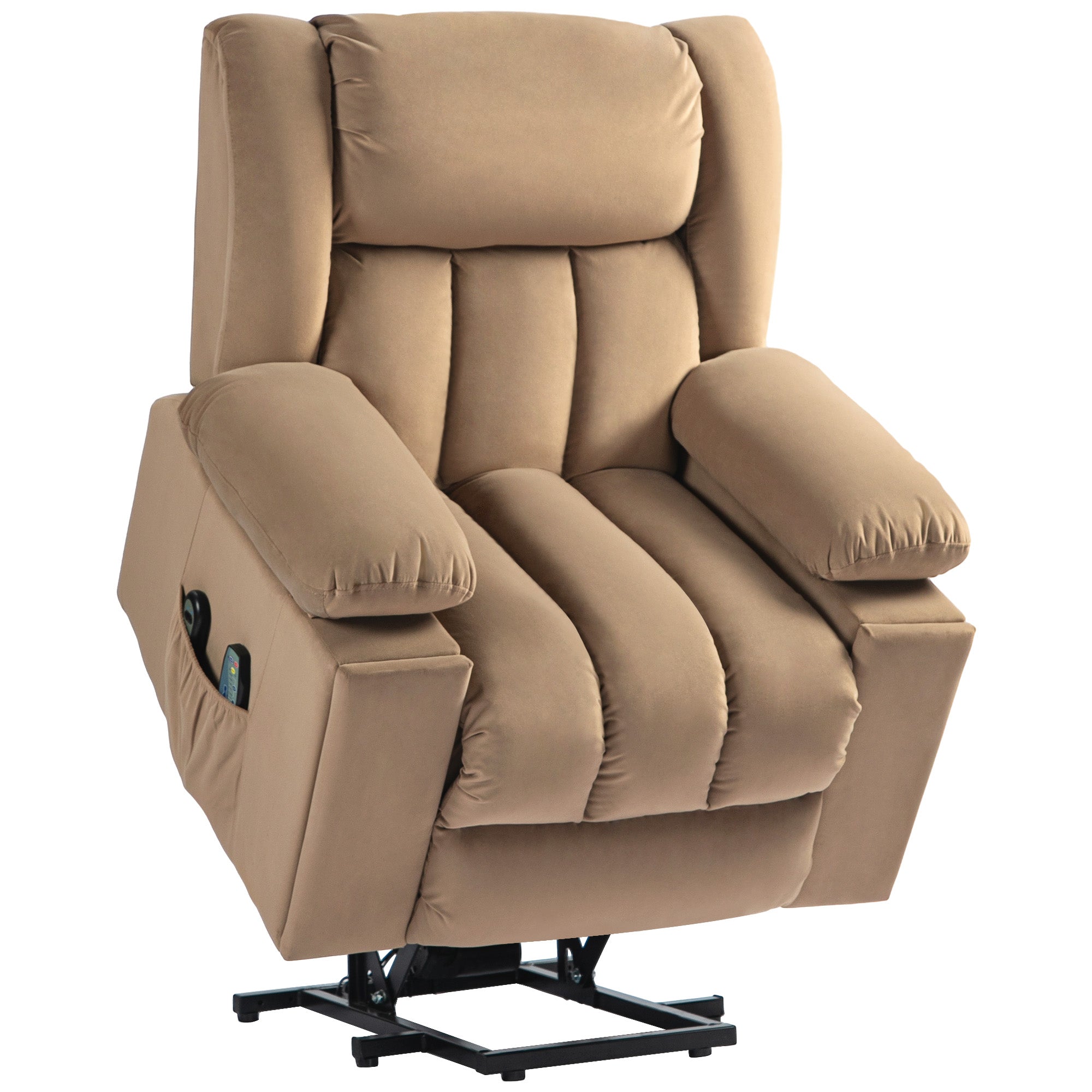 HOMCOM Power Lift Recliner Chair with Vibration Massage and Heat, Electric Lift Chair for Elderly, Overstuffed Fabric Riser and Reclining Armchair with USB Ports, Cup Holders, Light Brown - North Peak Garden Furniture