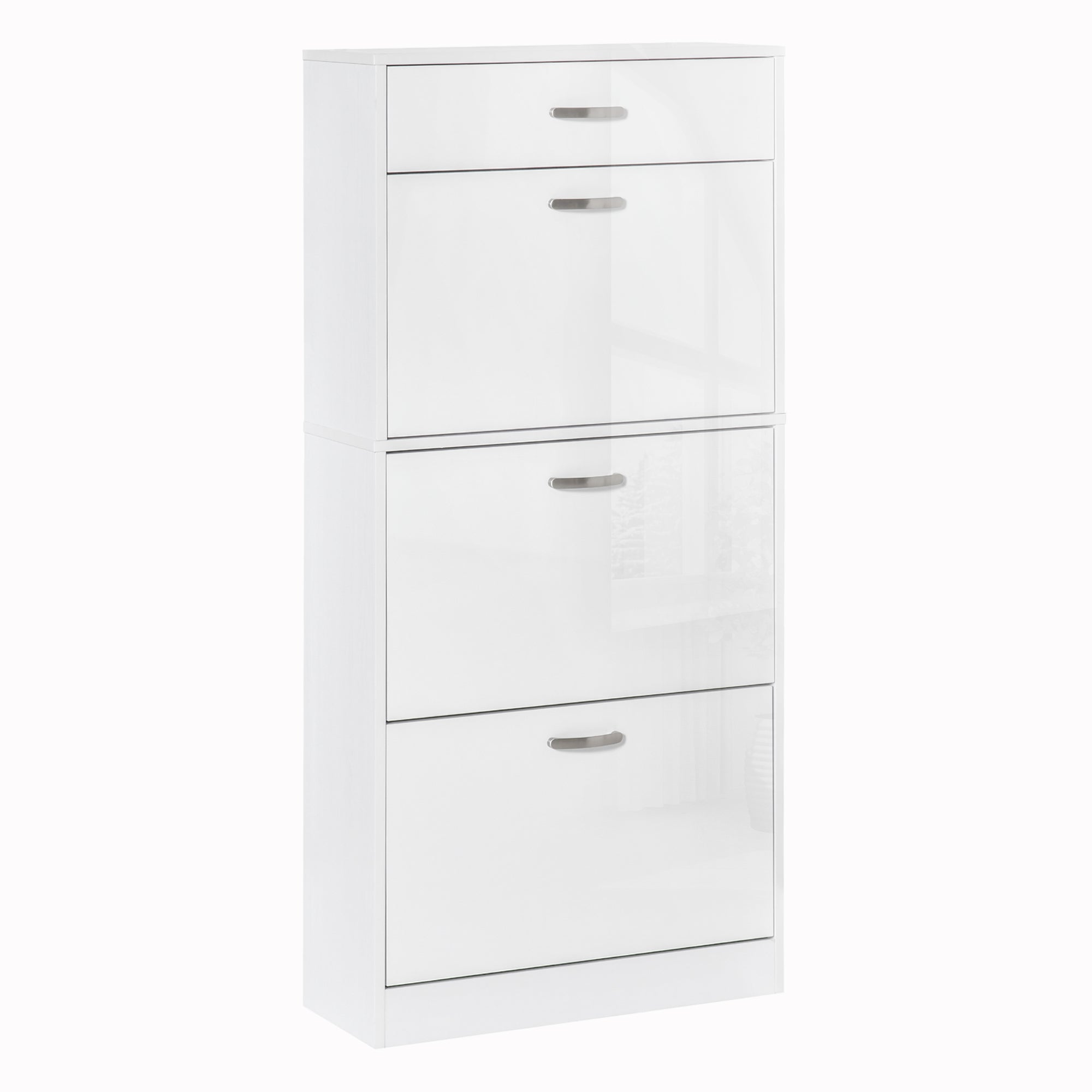 HOMCOM Shoe Cabinet with 3 Flip Drawers, High Gloss Shoe Storage Cabinet with Top Drawer and Adjustable Shelves, Shoe Cupboard for 18 Pairs, White - North Peak Garden Furniture