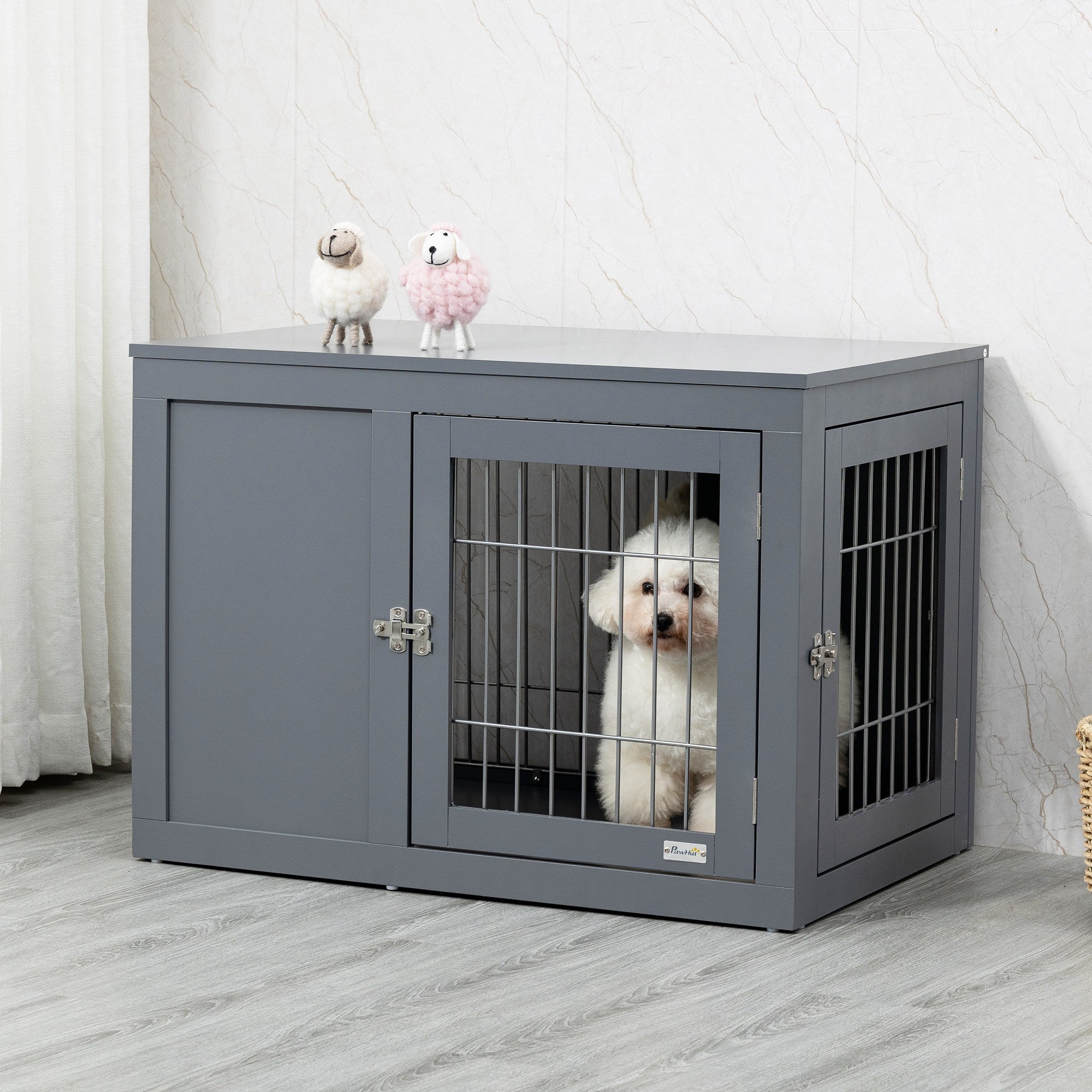 PawHut Furniture Style Dog Crate for Small and Medium Dogs, End Table Pet Cage with Two Lockable Doors - Grey - North Peak Garden Furniture