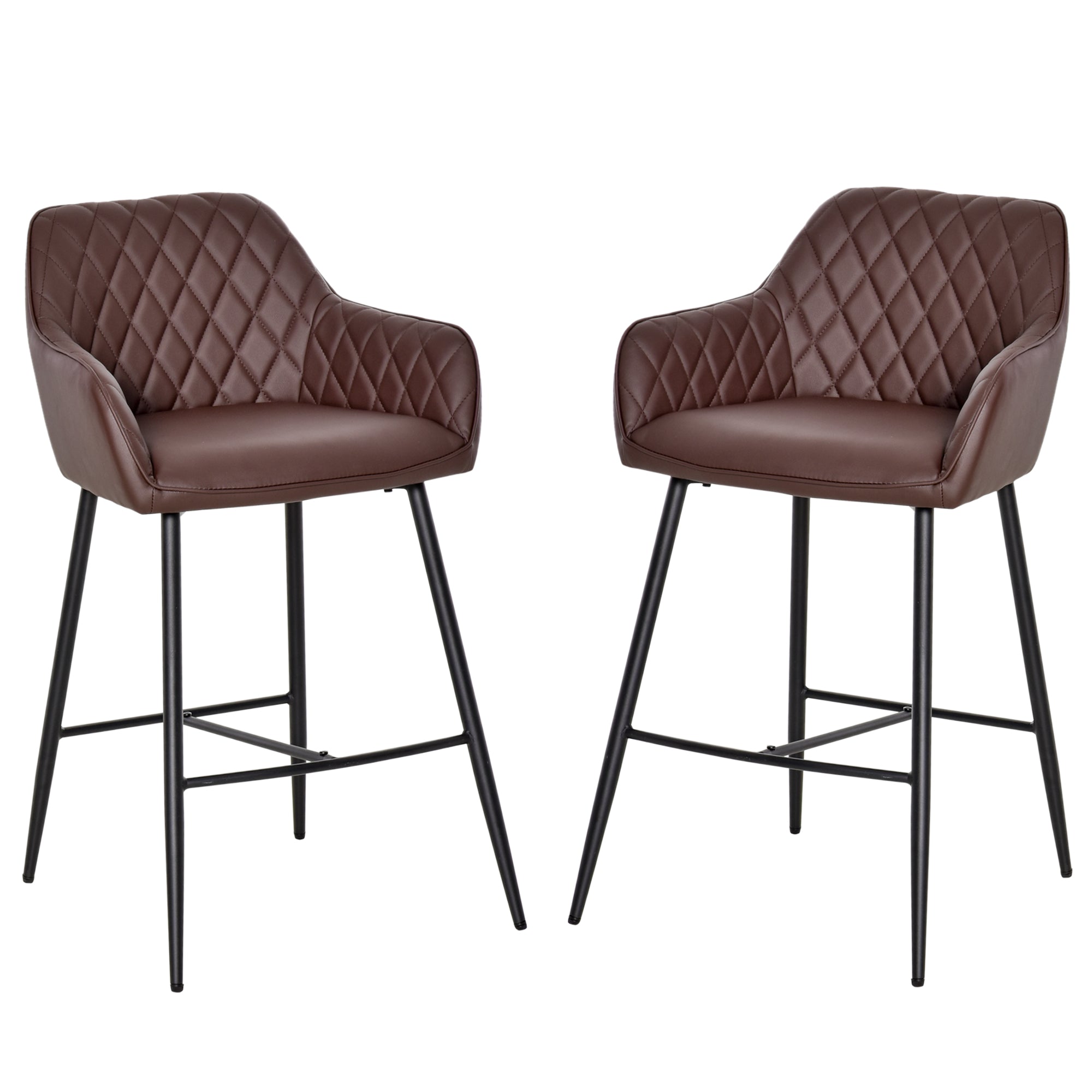 HOMCOM Set of 2 Bar stools Retro PU Leather Bar Chairs w/ Footrest Metal Frame Comfort Support Stylish Dining Seating Home Brown - North Peak Garden Furniture