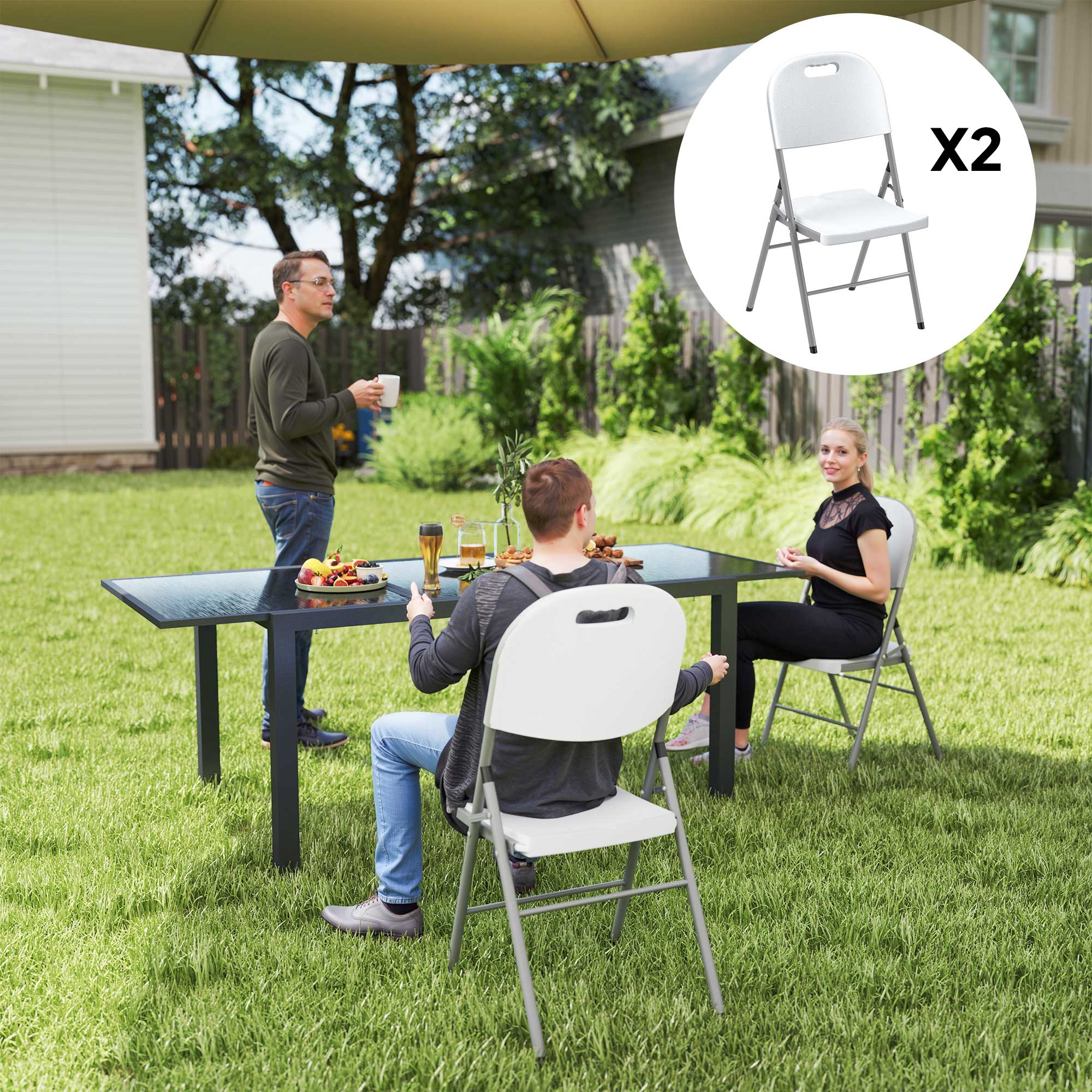Outsunny Folding Chair Set of 2 with Steel Frame, Outdoor Chair Set with HDPE Backrest, Seat and Handles for Mobility, Garden Chair Set for Patio Deck Balcony, White - North Peak Garden Furniture