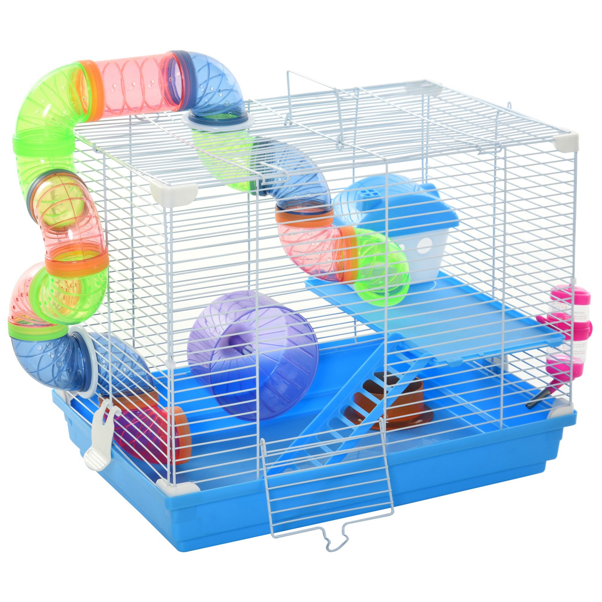 Pawhut 2 Tier Hamster Cage Carrier Habitat Small Animal House with Exercise Wheels Tunnel Tube Water Bottle Dishes House Ladder for Dwarf, Blue
