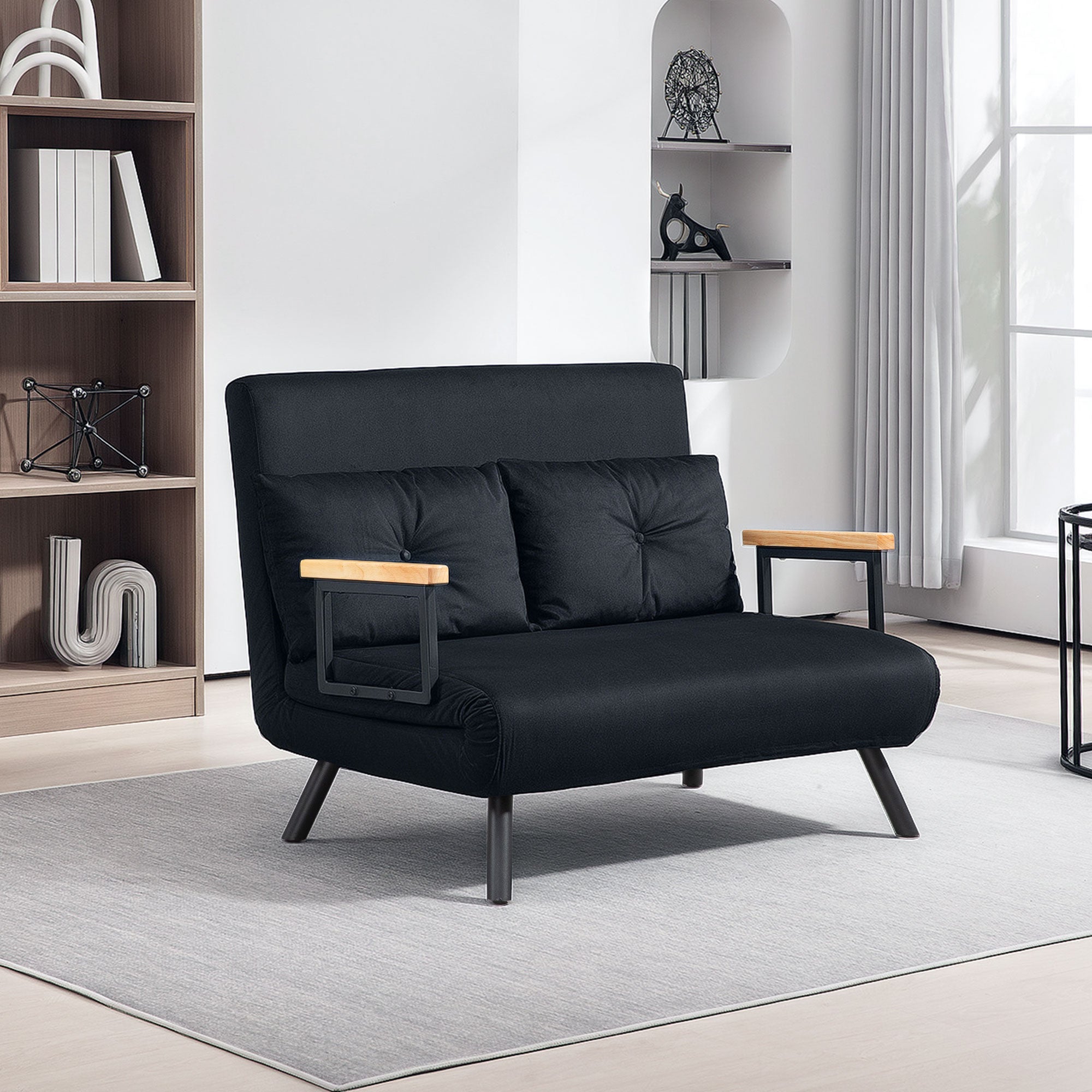 HOMCOM 4-in-1 Velvet-Feel Double Sofa Bed, with Pillows - Black - North Peak Garden Furniture
