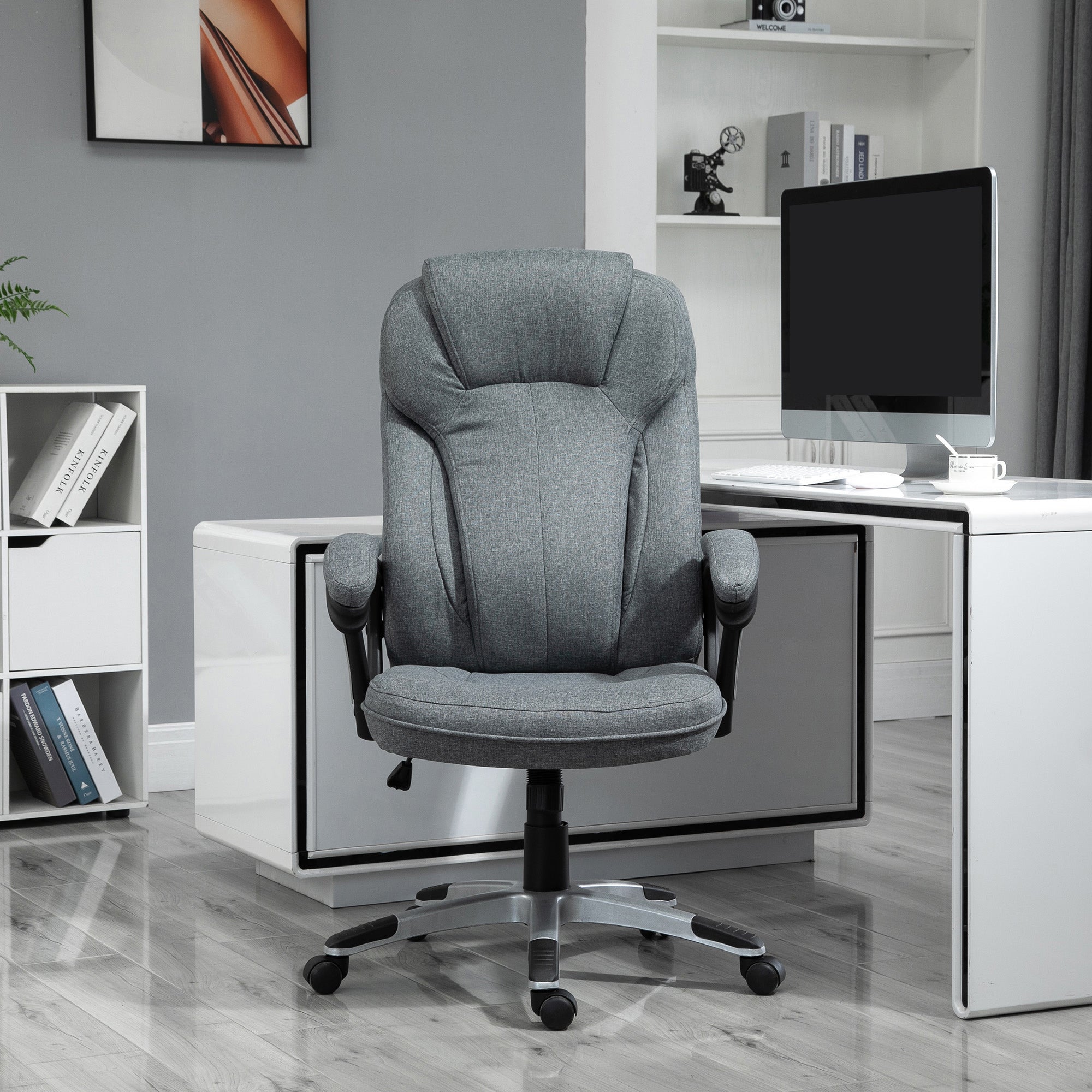 Vinsetto Office Chair, Linen Fabric Desk Chair, Height Adjustable Computer Chair with Padded Armrests, Swivel Wheels and Tilt Function, Grey - North Peak Garden Furniture